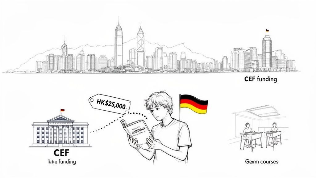 An illustration depicting CEF funding for German language courses in Hong Kong, showing costs and classroom.