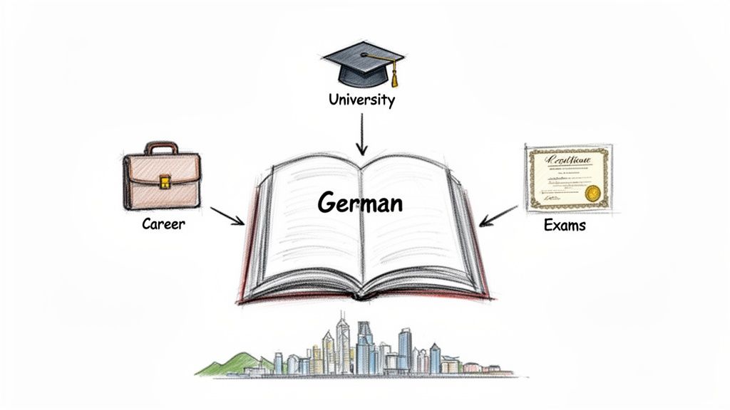 A diagram illustrating the benefits of learning German, connecting to career, university, and exams, with a cityscape.