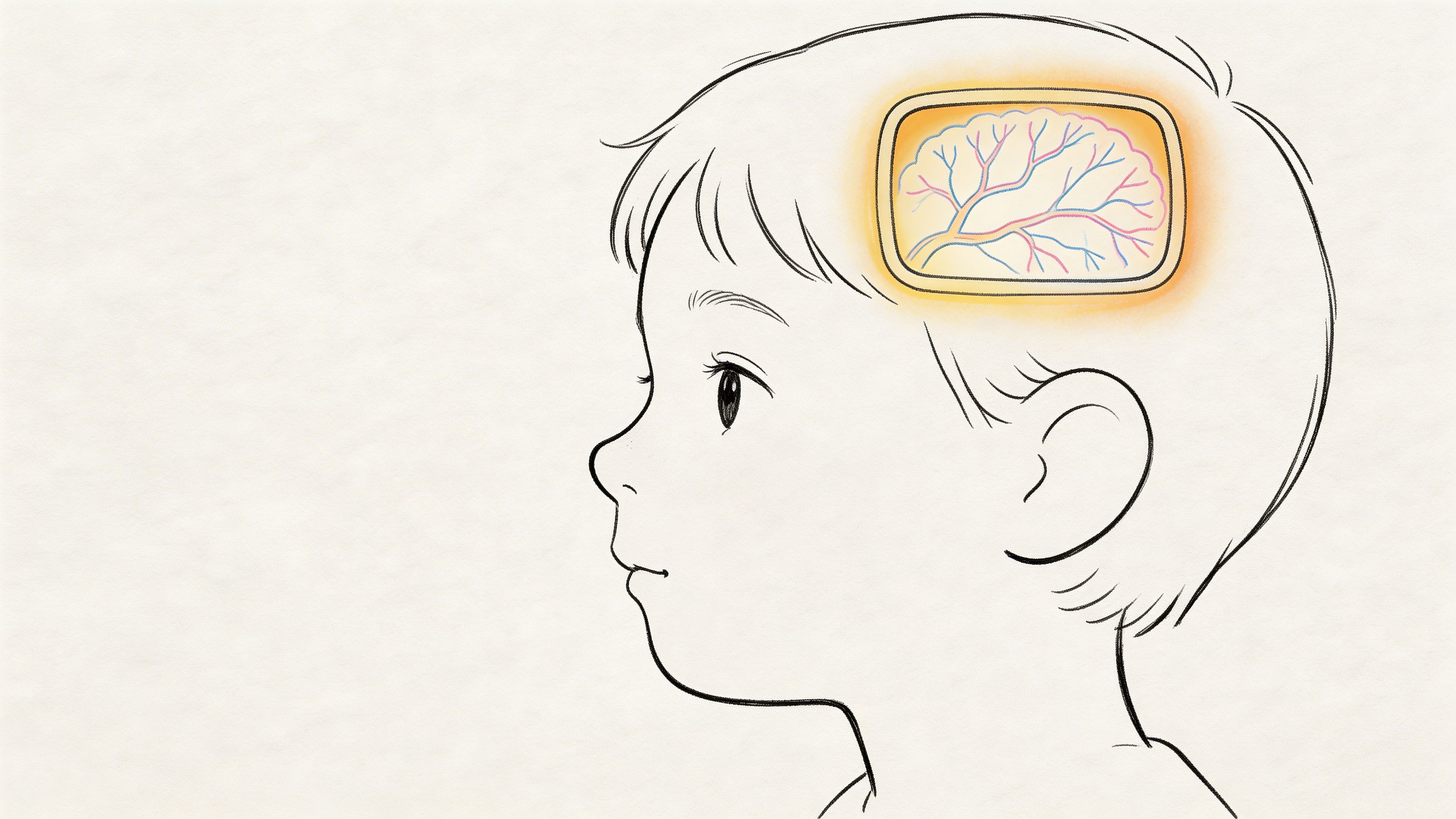 A simple sketch of a young child's side profile with a glowing brain icon indicating early learning.