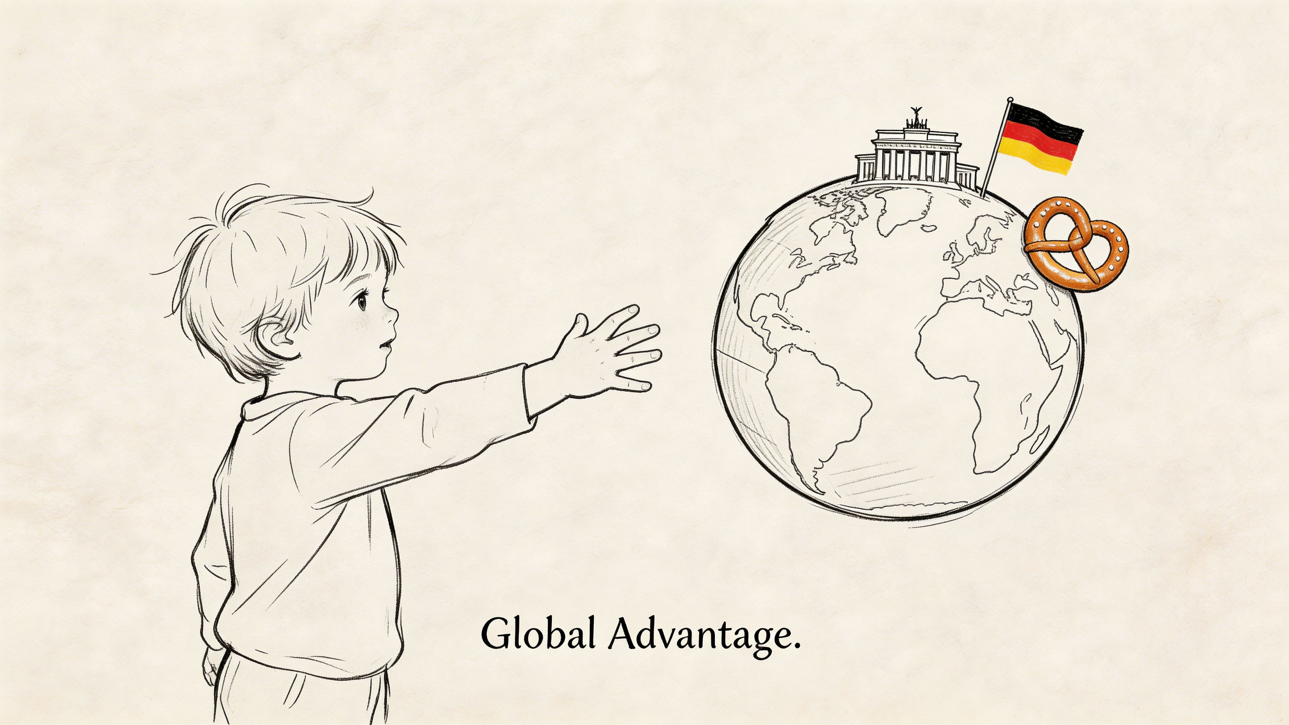 A line drawing of a child reaching out towards a globe featuring German cultural icons like a pretzel.