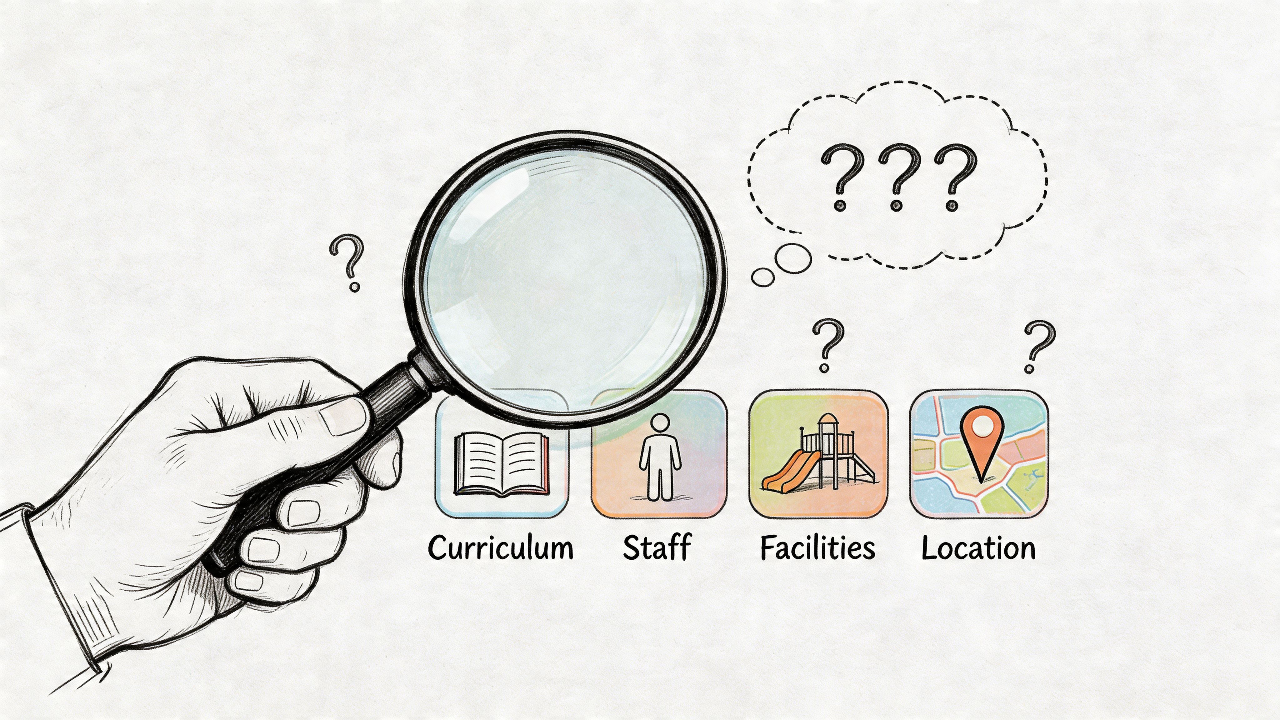 A hand holding a magnifying glass over educational and facility icons related to choosing childcare.