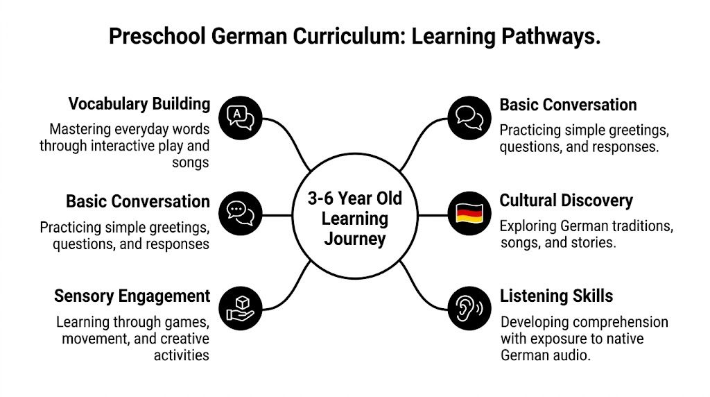 A mind map illustrating the learning pathways for a preschool German curriculum for children ages three to six.