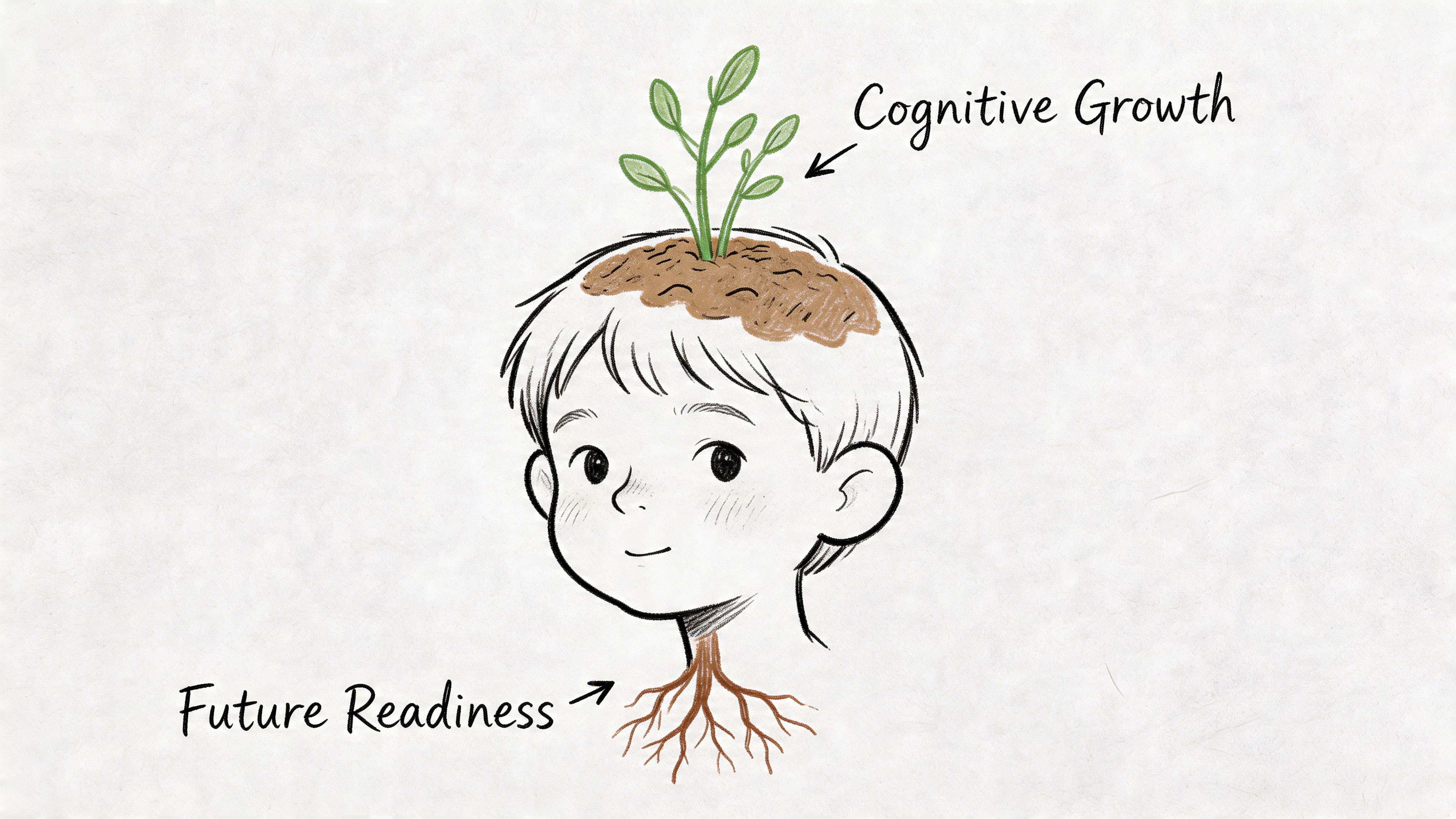 An illustration of a young boy with a small plant growing from his head representing cognitive growth.