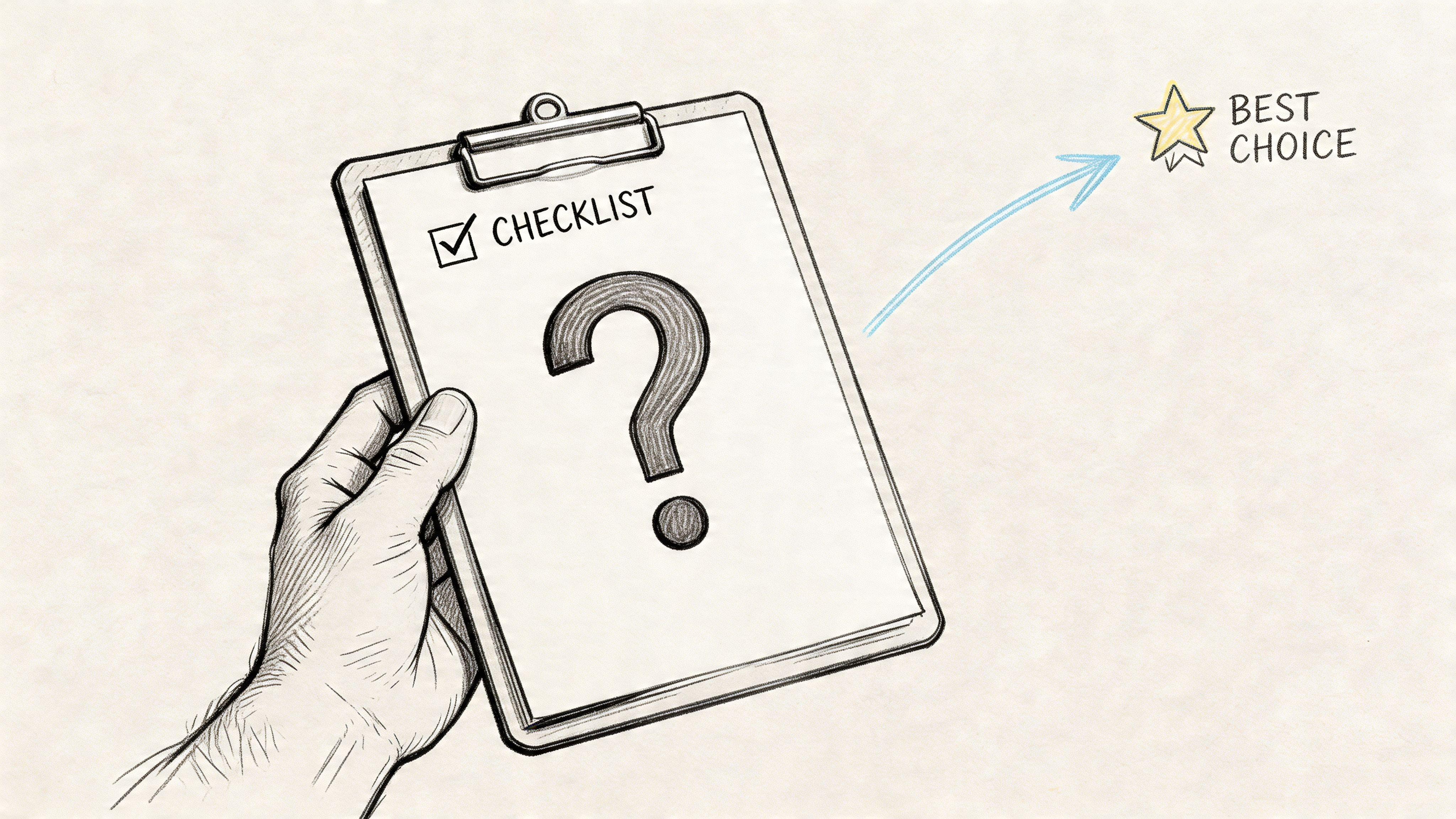 A hand holding a clipboard featuring a large question mark and a best choice star icon.
