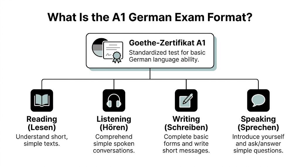 A diagram outlining the four components of the A1 German exam format: reading, listening, writing, and speaking.