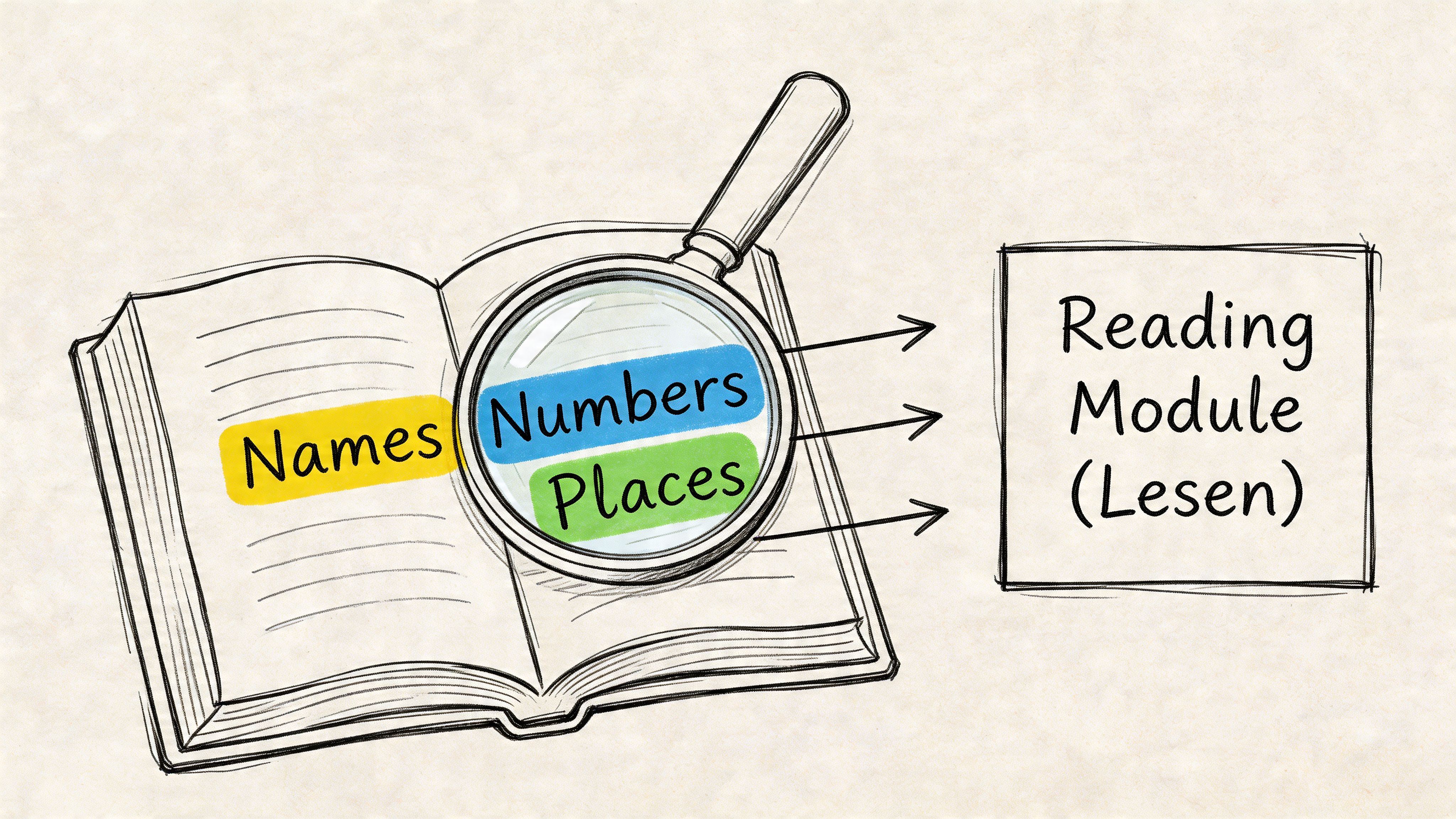A magnifying glass focusing on words names, numbers, and places in a book for German reading practice.