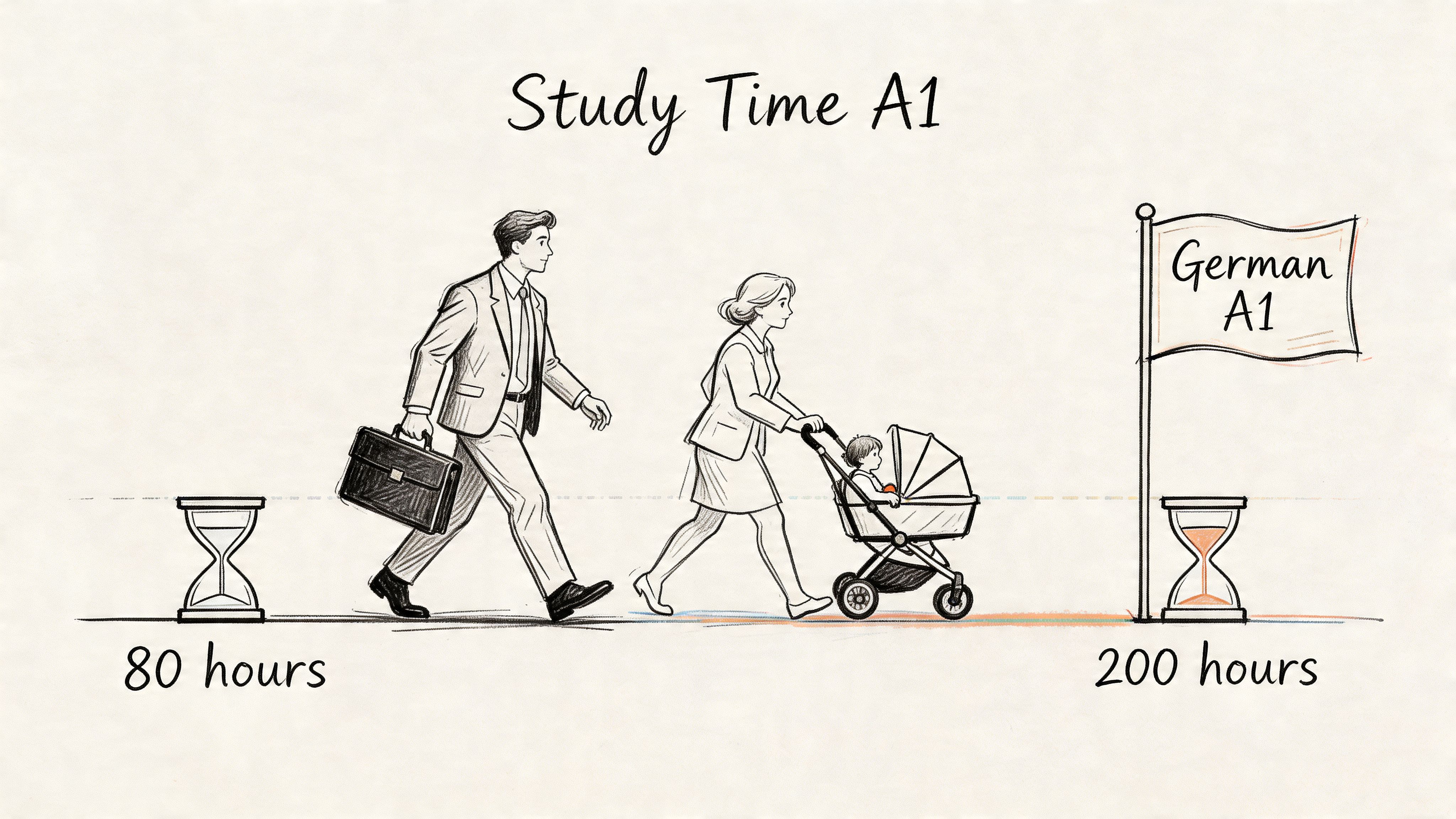 A pencil sketch illustrating the time investment of 80 to 200 hours to reach German A1 proficiency.