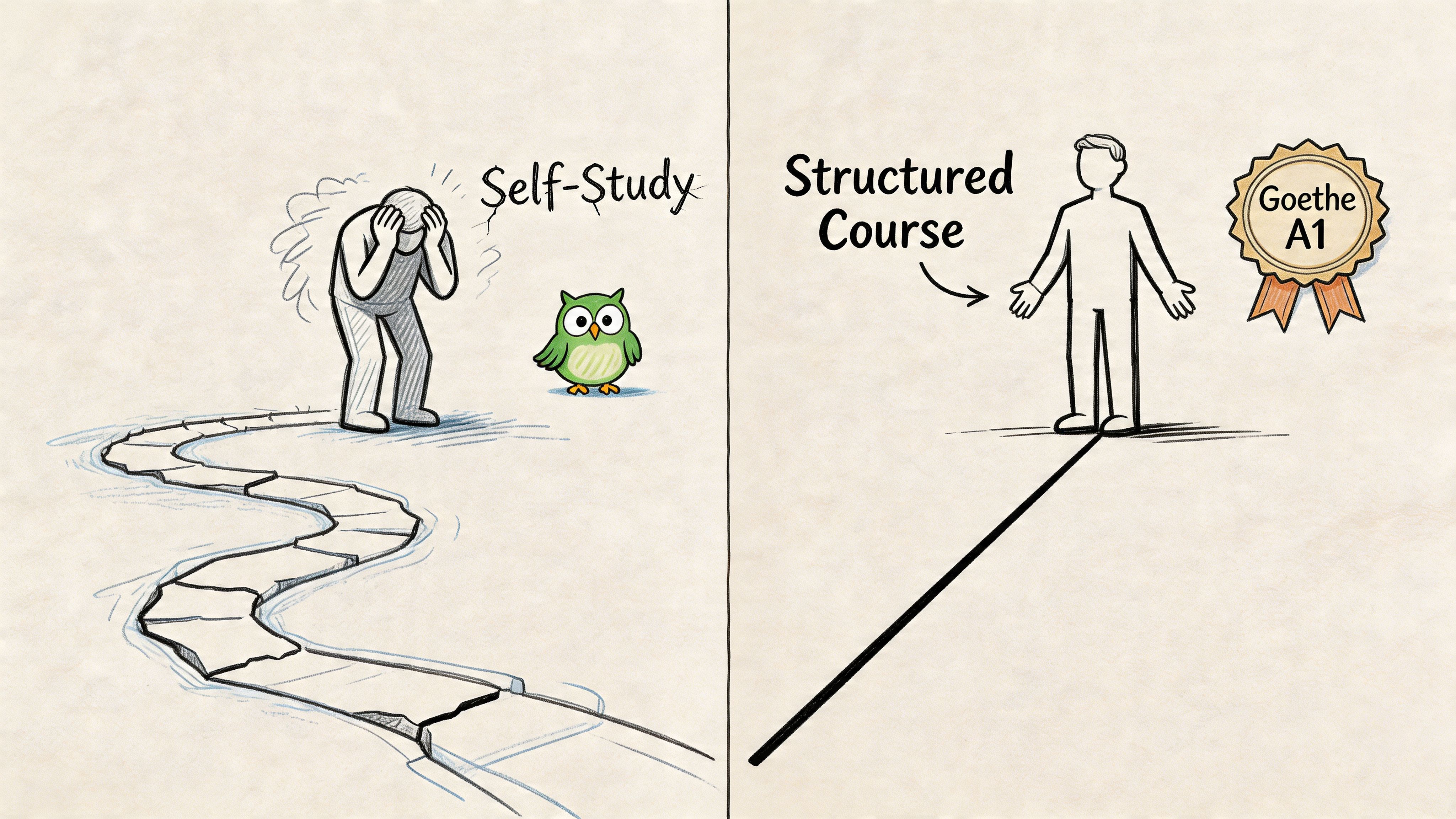 A split illustration comparing a frustrated student self-studying versus a successful student taking a structured course.