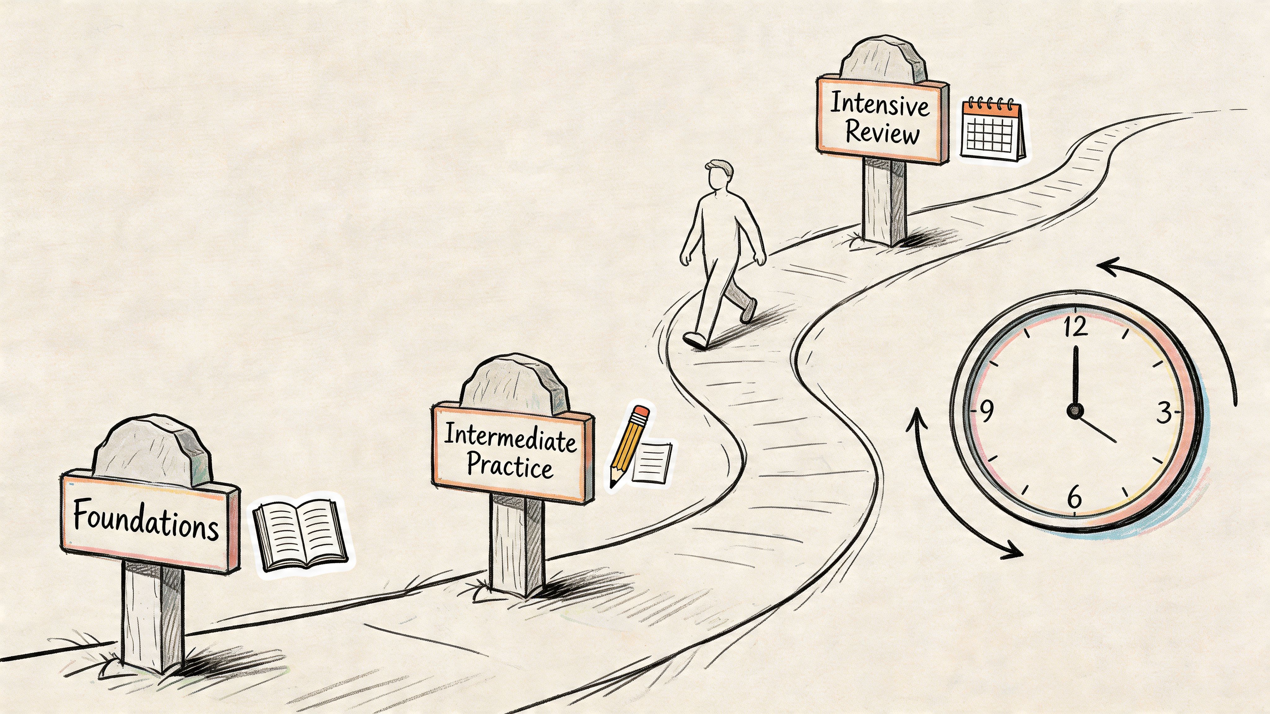 A hand-drawn illustration showing a person walking a path towards goals of foundations, practice, and review.