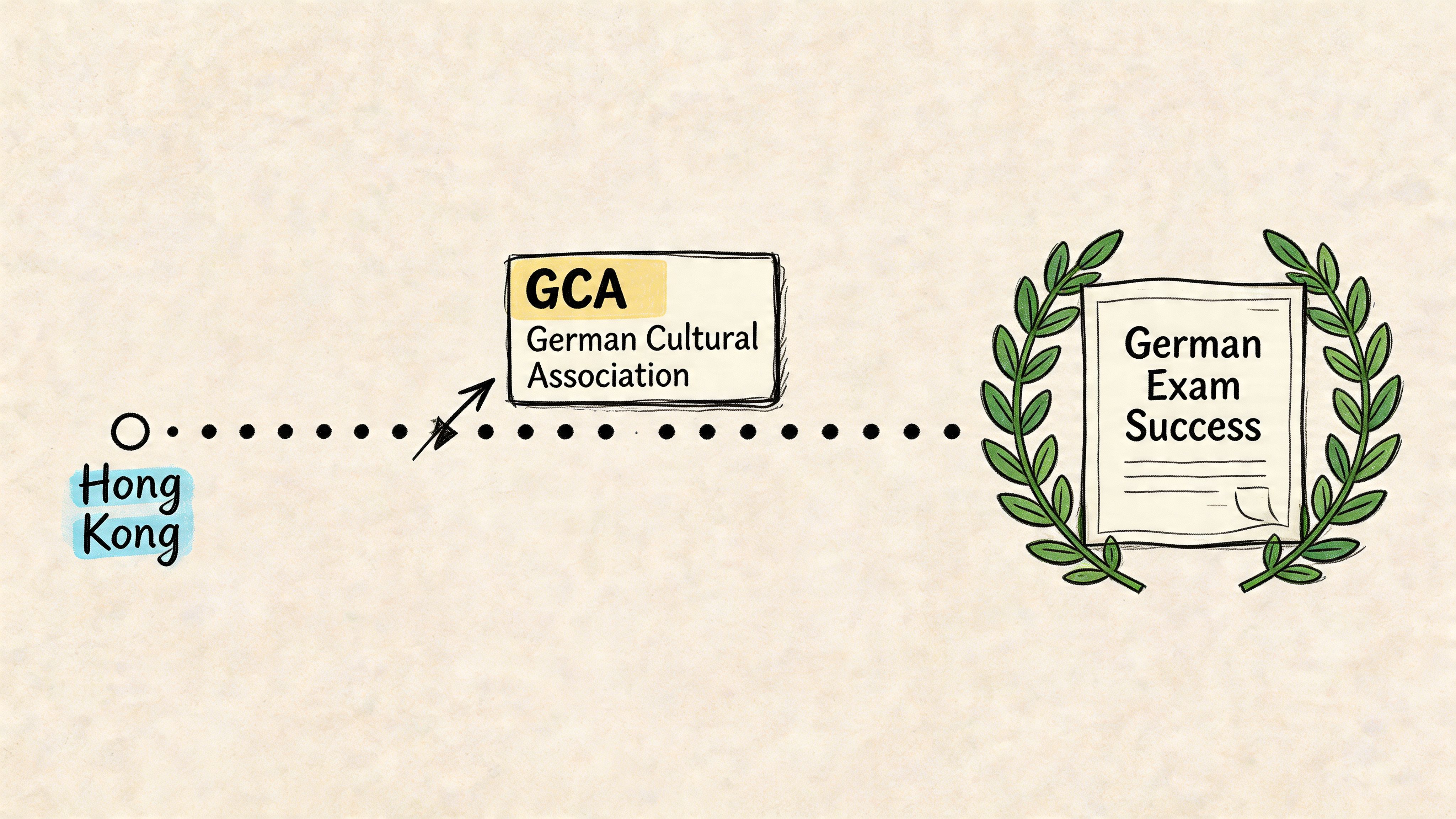 A conceptual timeline showing the journey from Hong Kong through the German Cultural Association to passing German exams.