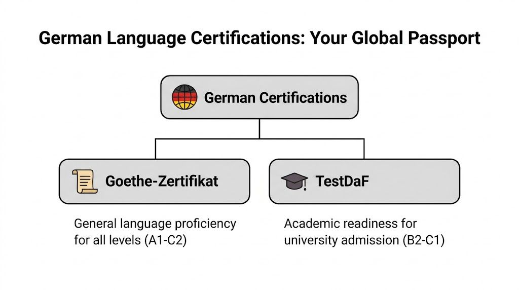 A diagram outlining German language certifications, including Goethe-Zertifikat for general proficiency and TestDaF for university admission.