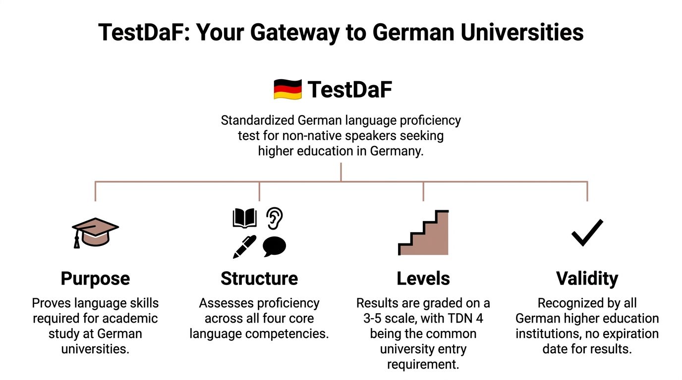 An infographic titled TestDaF explaining the purpose, structure, levels, and validity of the German language proficiency test.
