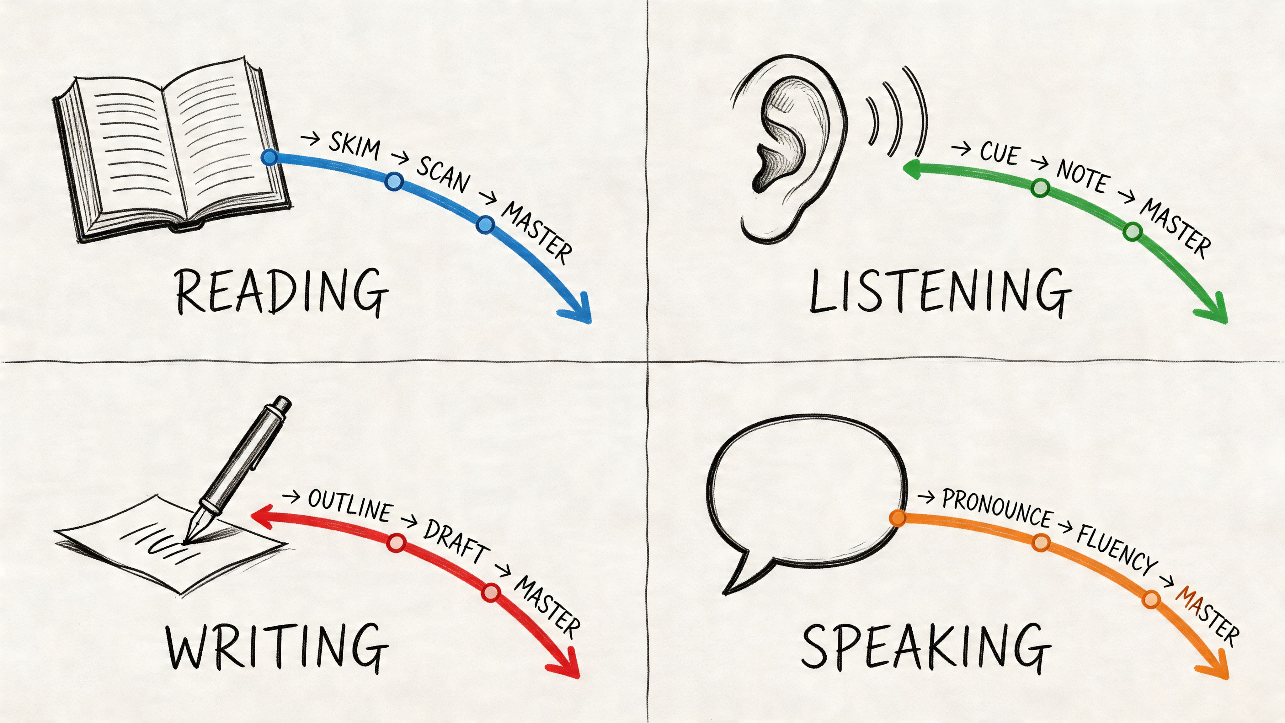 A four-part infographic illustrating the study process for reading, listening, writing, and speaking skills.