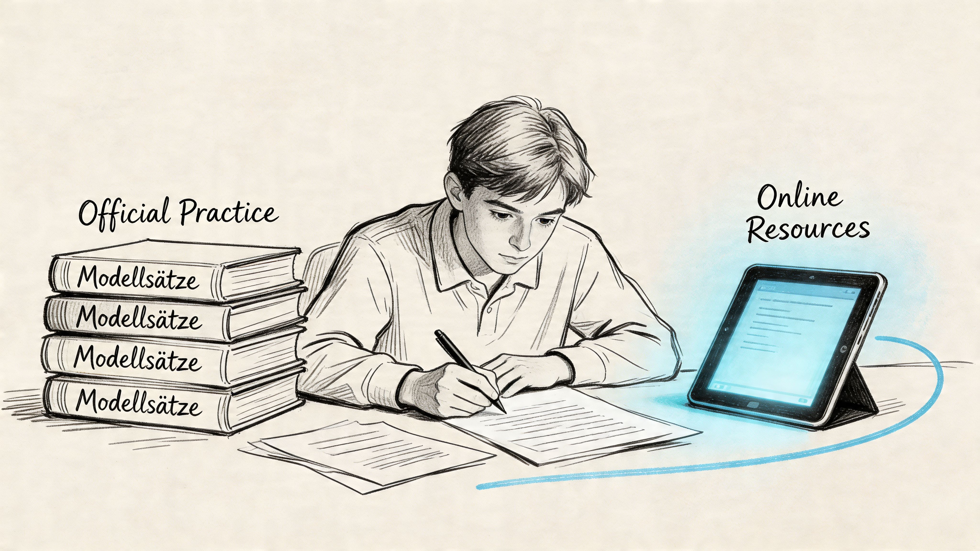 A student focused on exam preparation using traditional textbooks and modern online digital resources for studying.