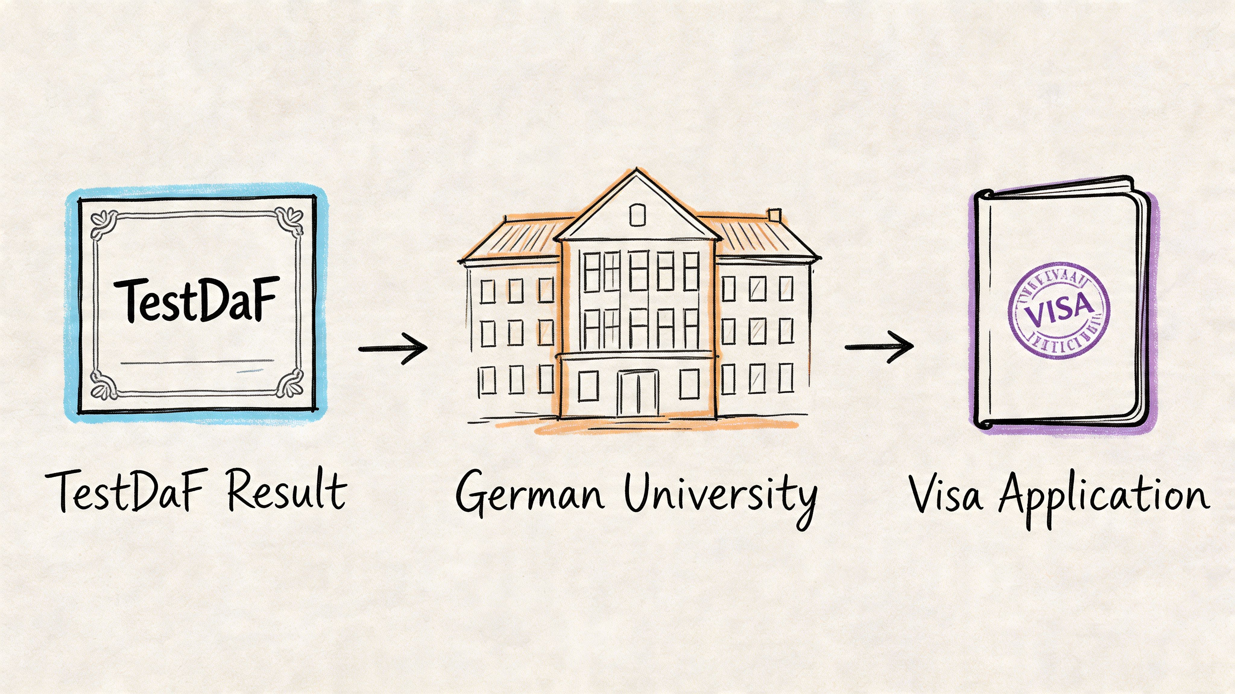 A diagram illustrating the process from TestDaF results to German university admission and visa application.