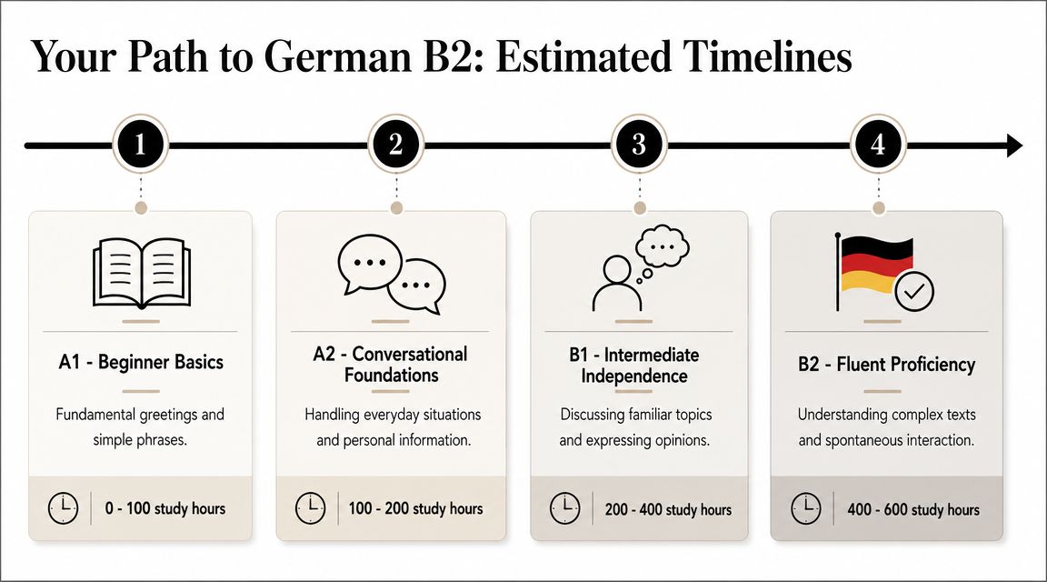 A timeline chart showing the estimated study hours required to reach German B2 proficiency levels.