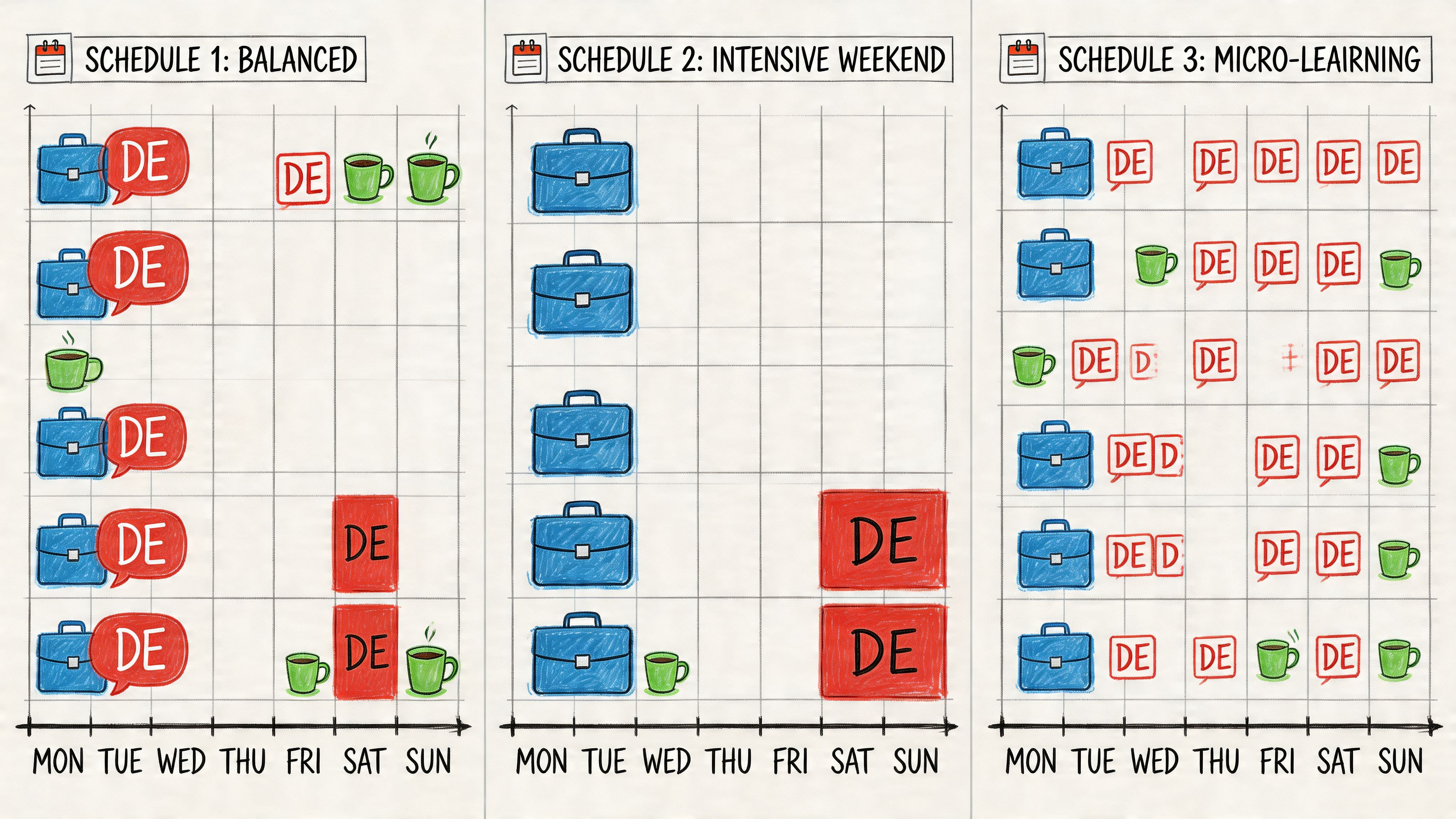 Three different weekly learning schedule infographics designed to help students reach German B2 language proficiency level efficiently.