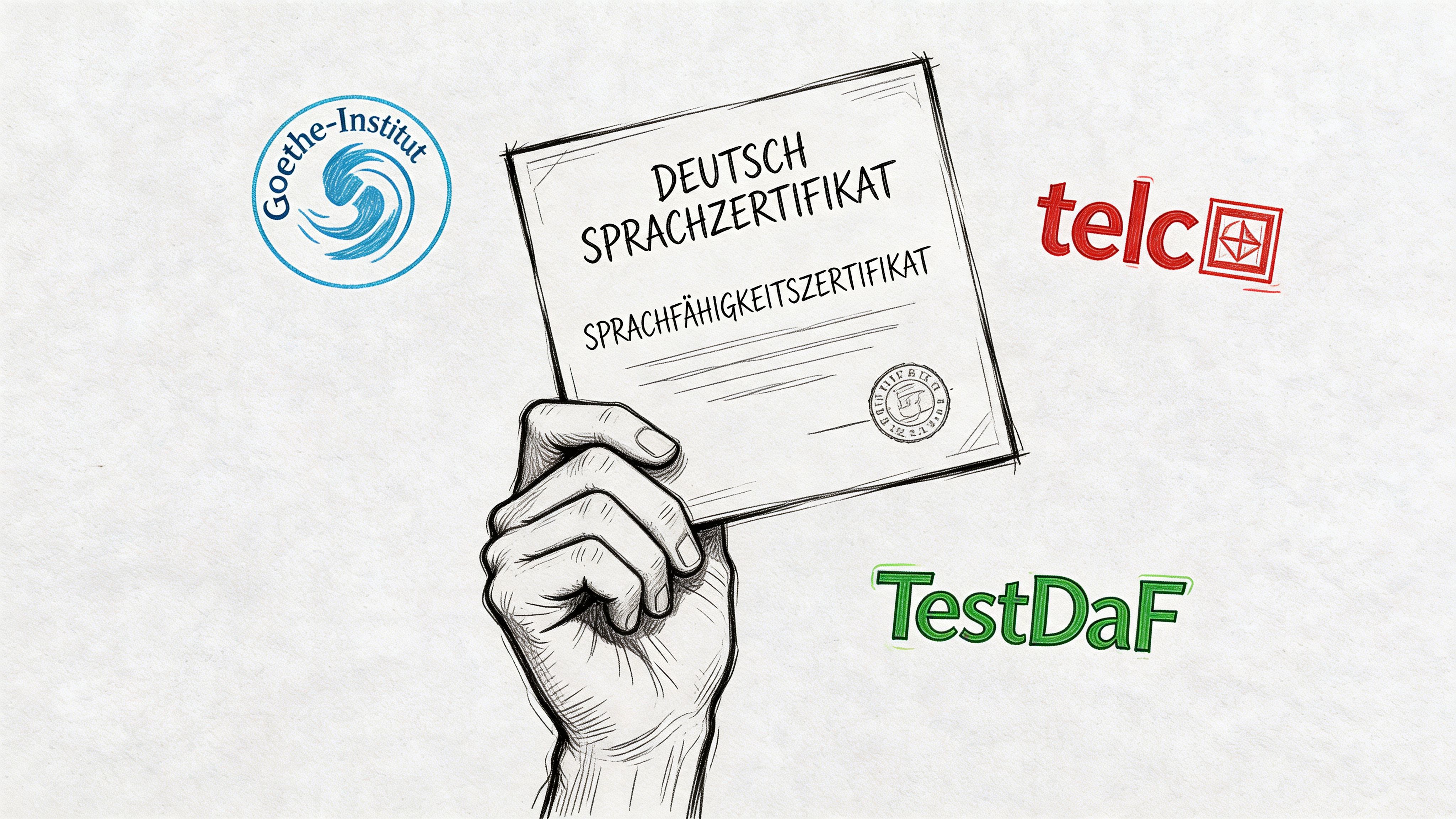 A hand holds a German language certificate surrounded by logos of Goethe-Institut, telc, and TestDaF exam providers.