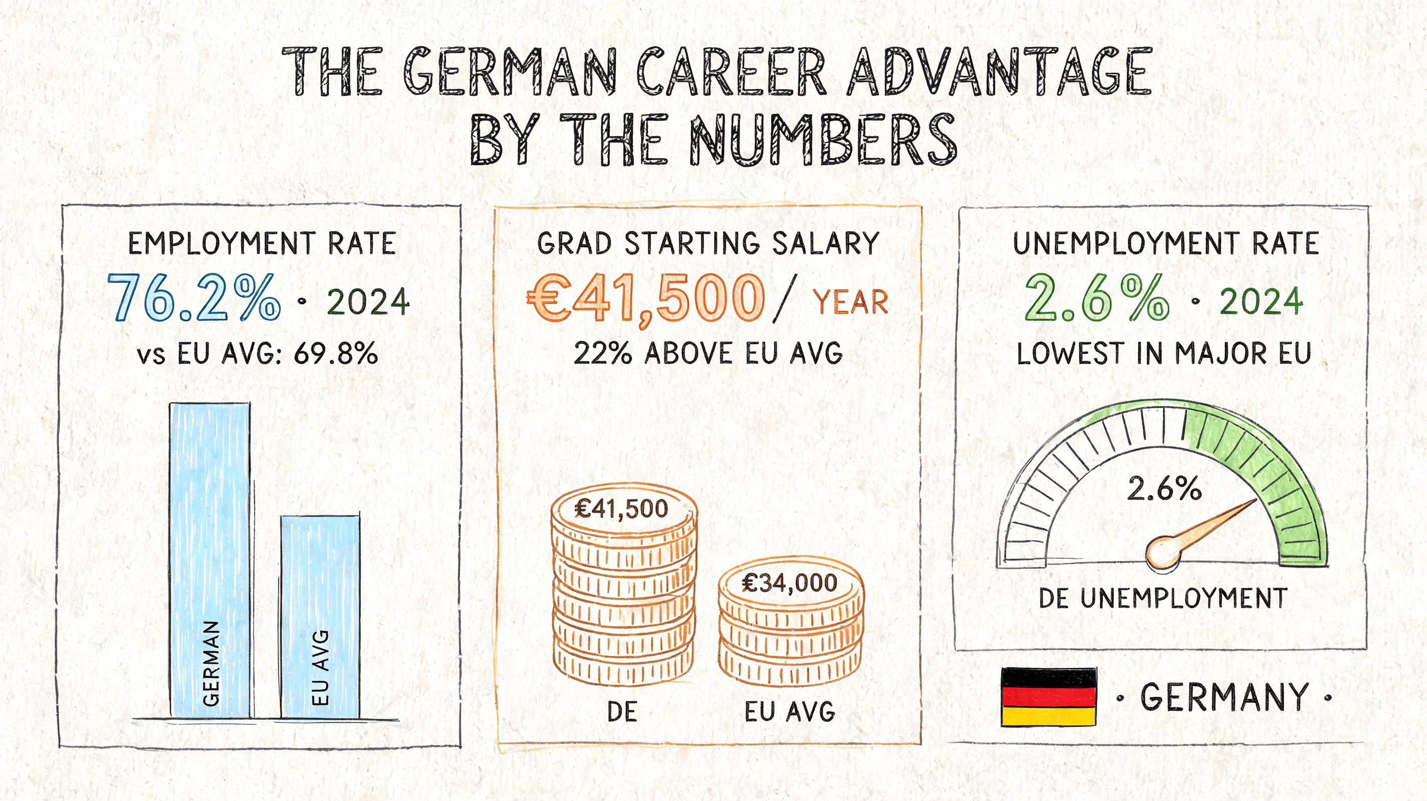 An infographic showing German career statistics including employment rate, graduate starting salary, and unemployment rate.