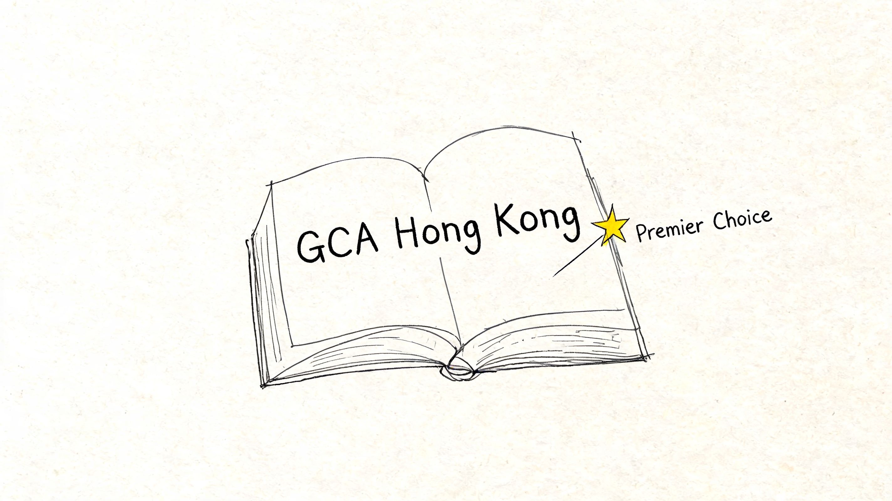 A hand-drawn sketch of an open book with the text GCA Hong Kong and a yellow star icon.