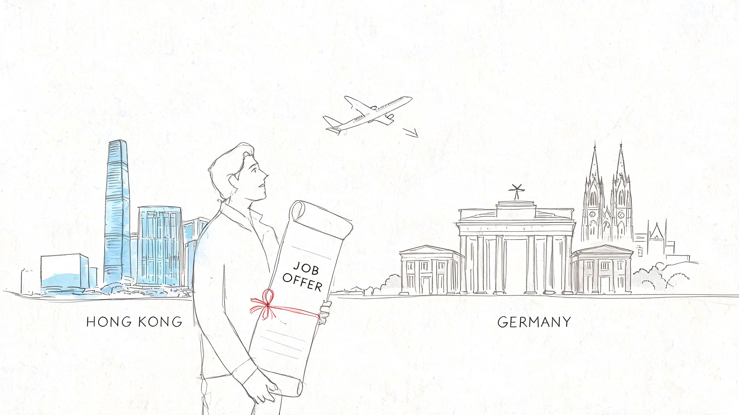 A man holding a job offer document while looking at an airplane flying toward Germany from Hong Kong.