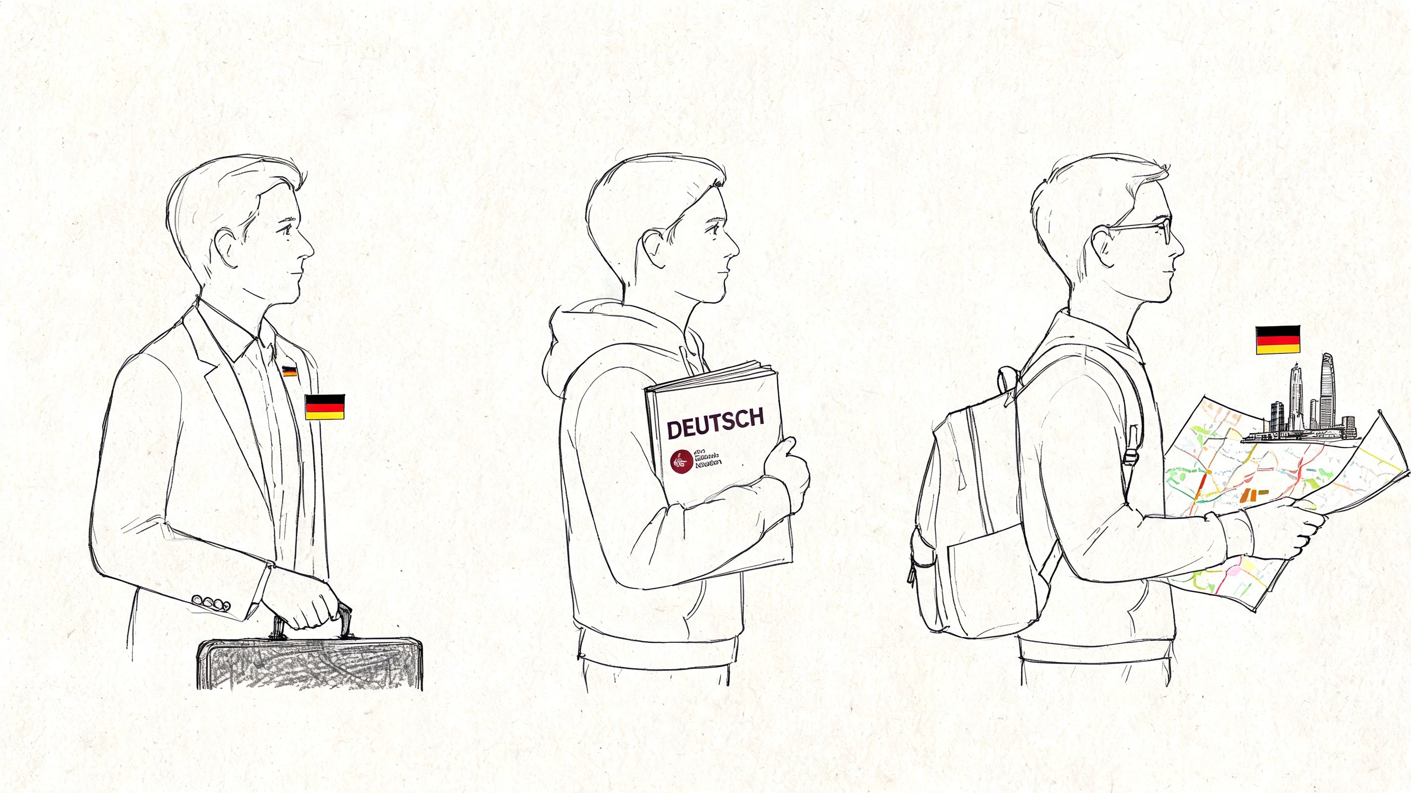Three illustrated men representing career, study, and travel pathways to learning German in Hong Kong.