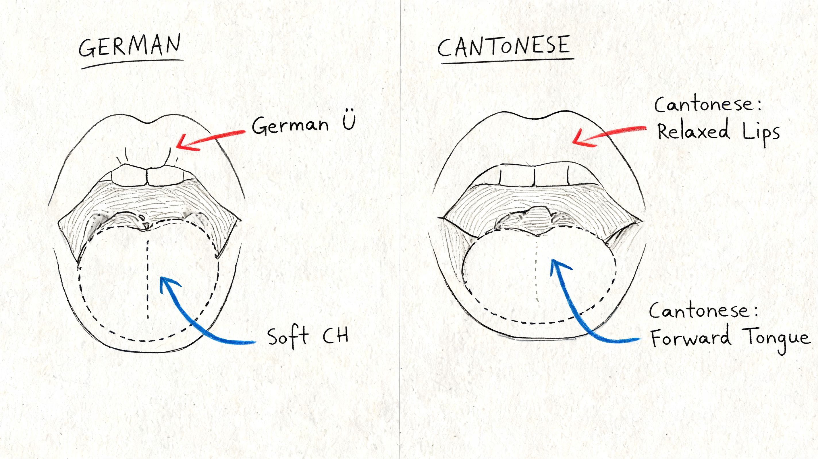 An illustration comparing mouth and tongue positions for German and Cantonese pronunciation with specific anatomical indicators.