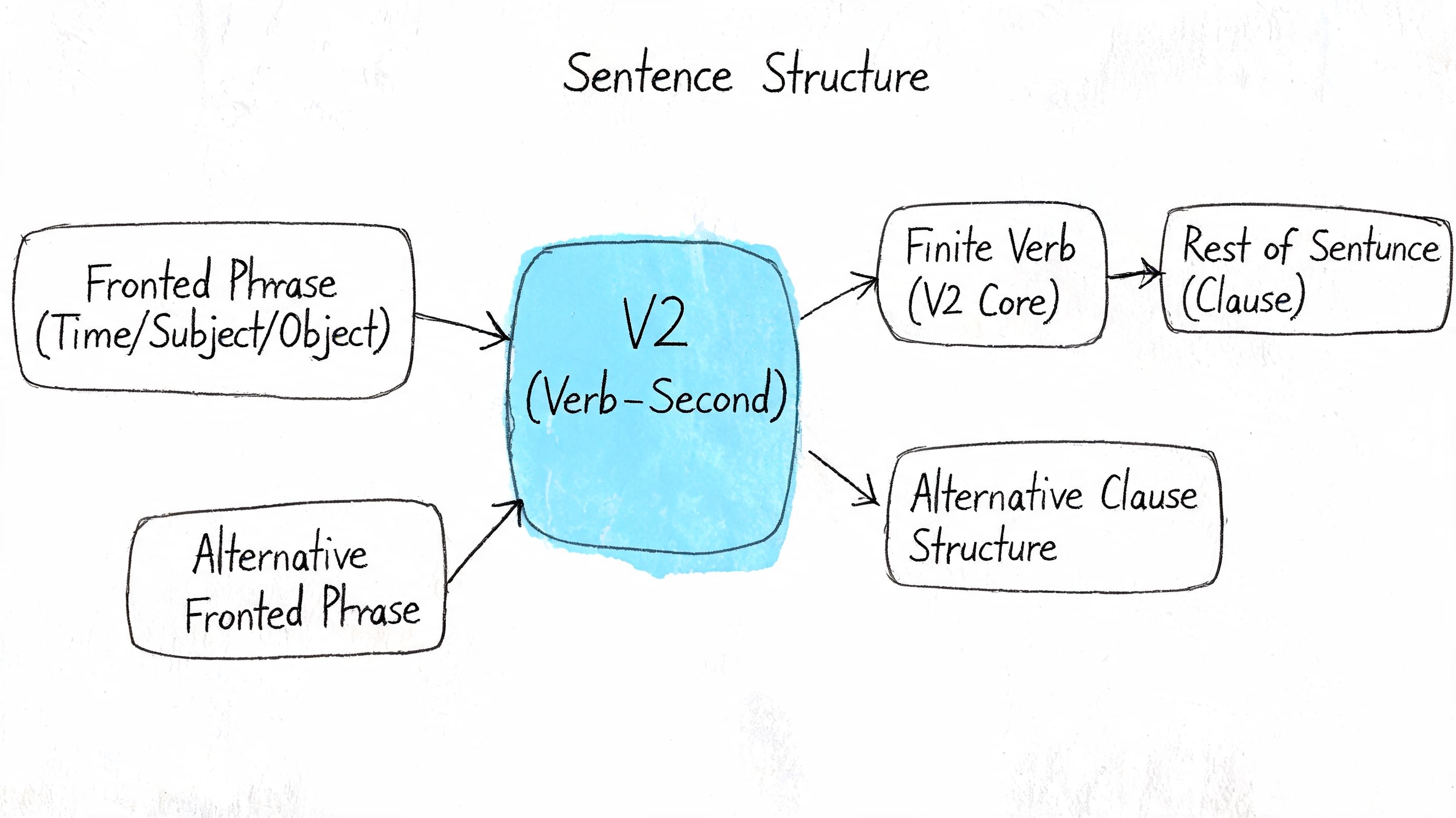A diagram illustrating the V2 sentence structure in German grammar, showing how phrases connect to verbs.