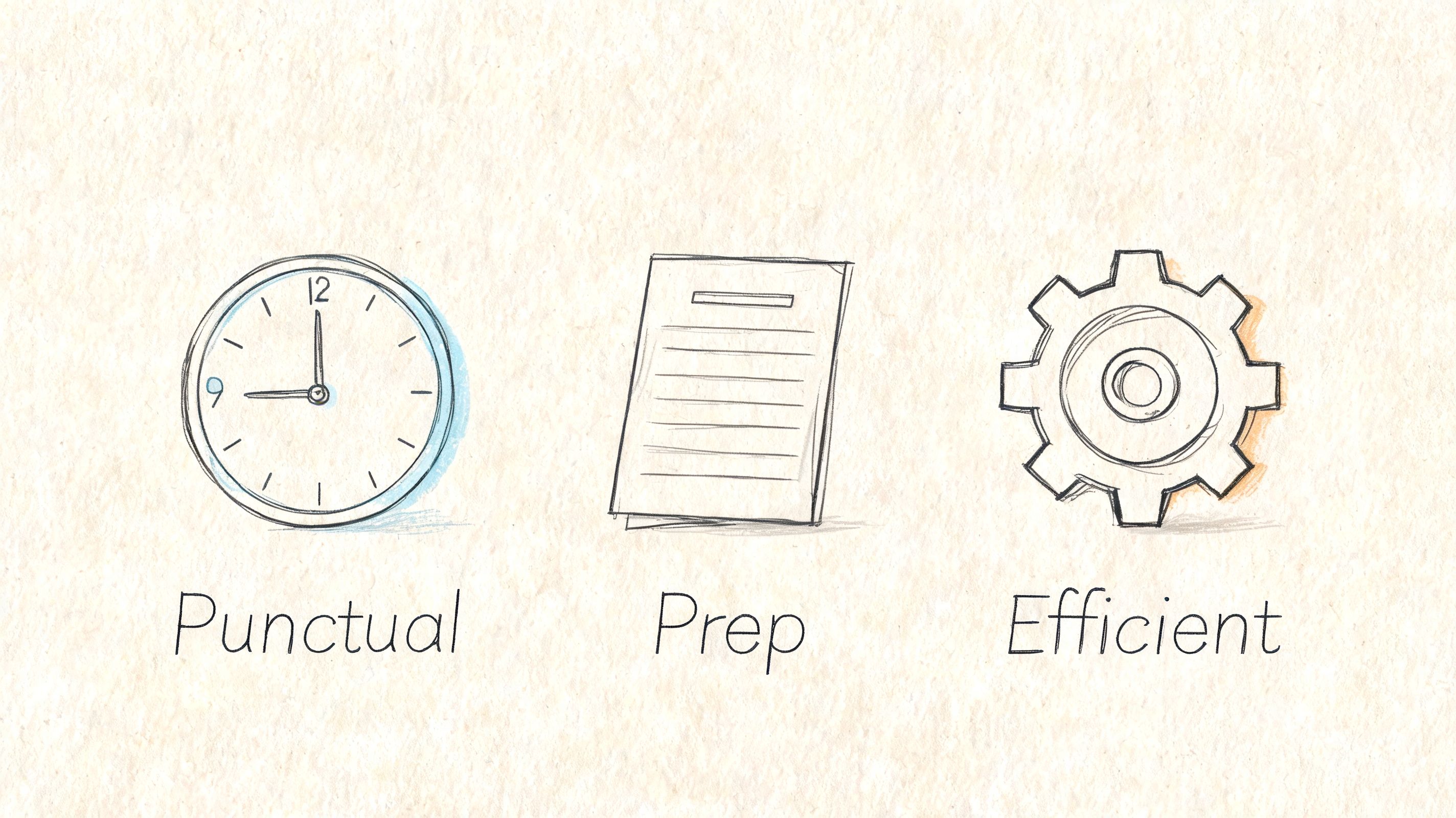 Three hand-drawn illustrations representing punctuality, preparation, and efficiency with text labels on a textured background.