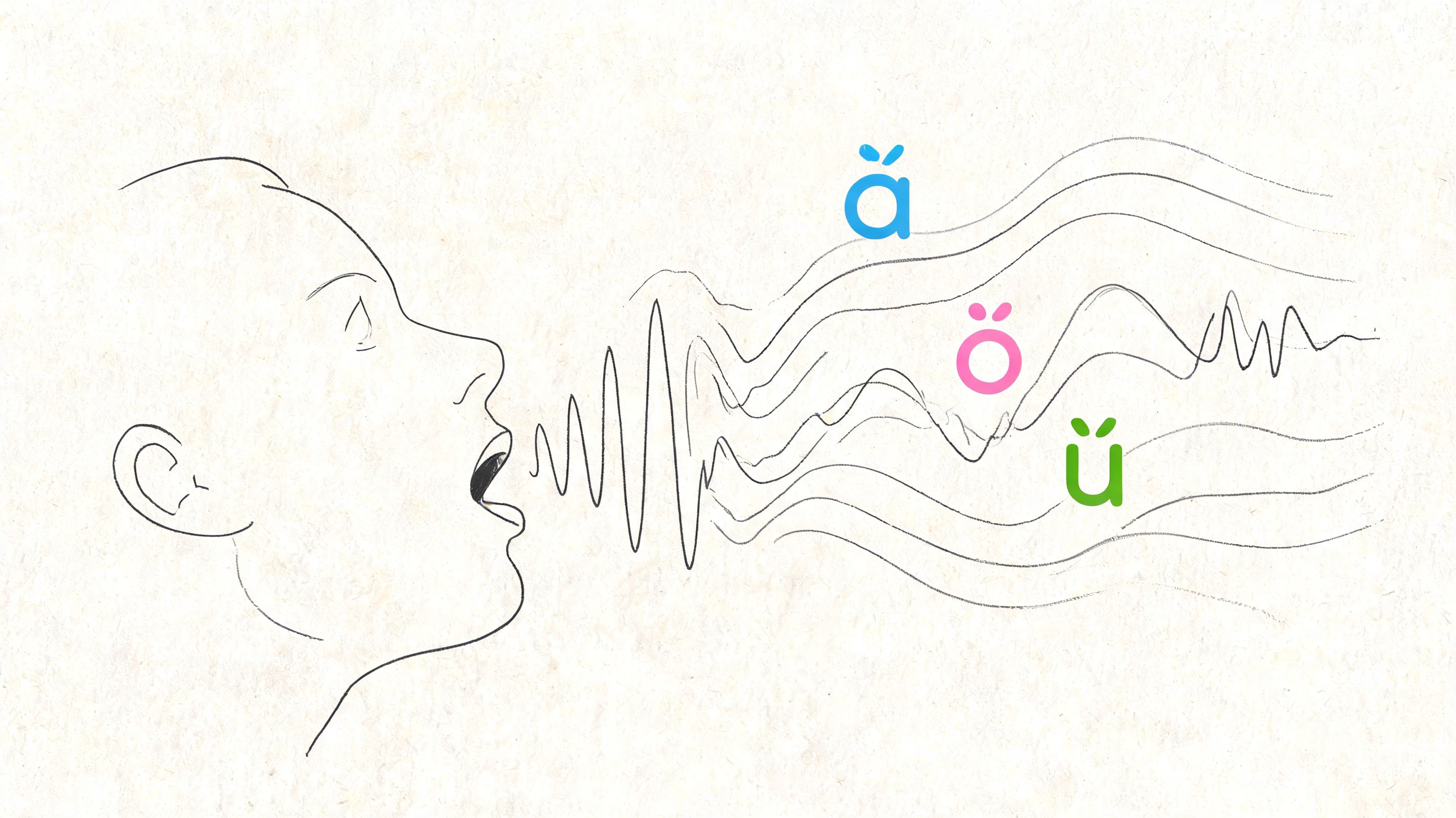 A line drawing of a person speaking, with sound waves and vowel symbols floating in the air.