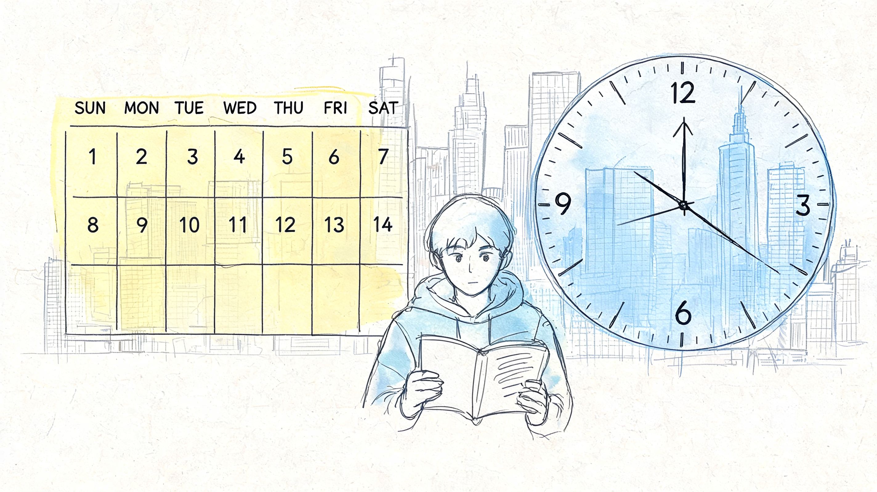 A hand-drawn illustration of a student reading a book with a calendar and clock in the background.