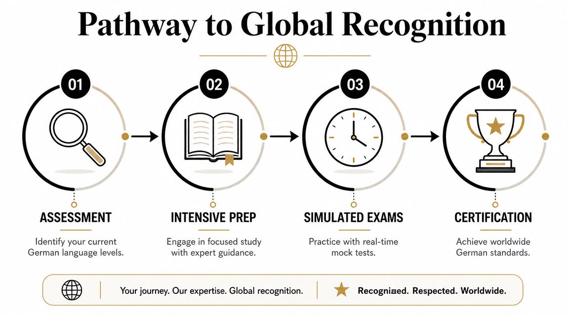 A four-step infographic illustrating the path to German language certification from initial assessment to final success.