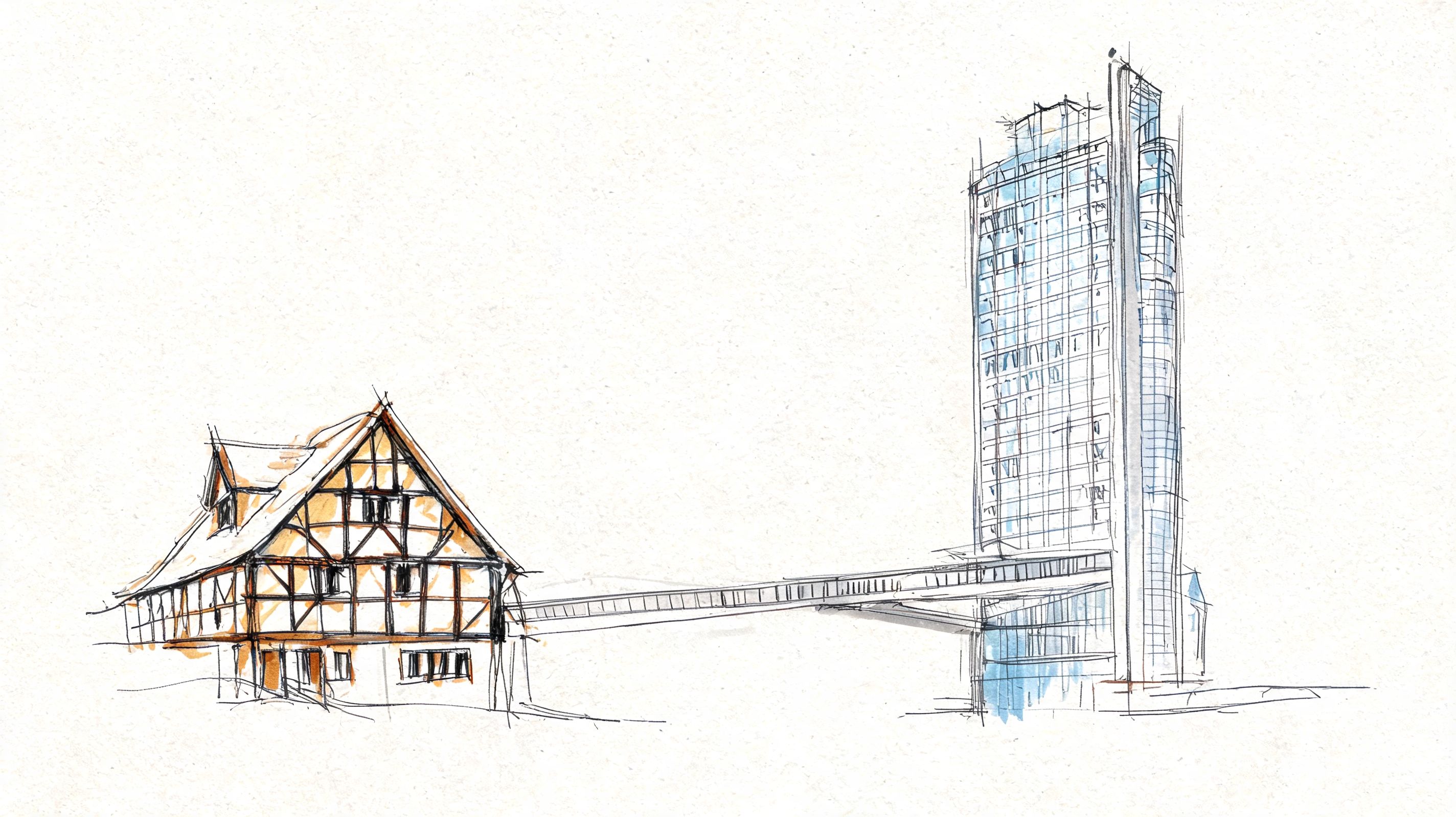 A pencil and watercolor sketch showing a traditional German timber-framed house connected to a modern skyscraper.