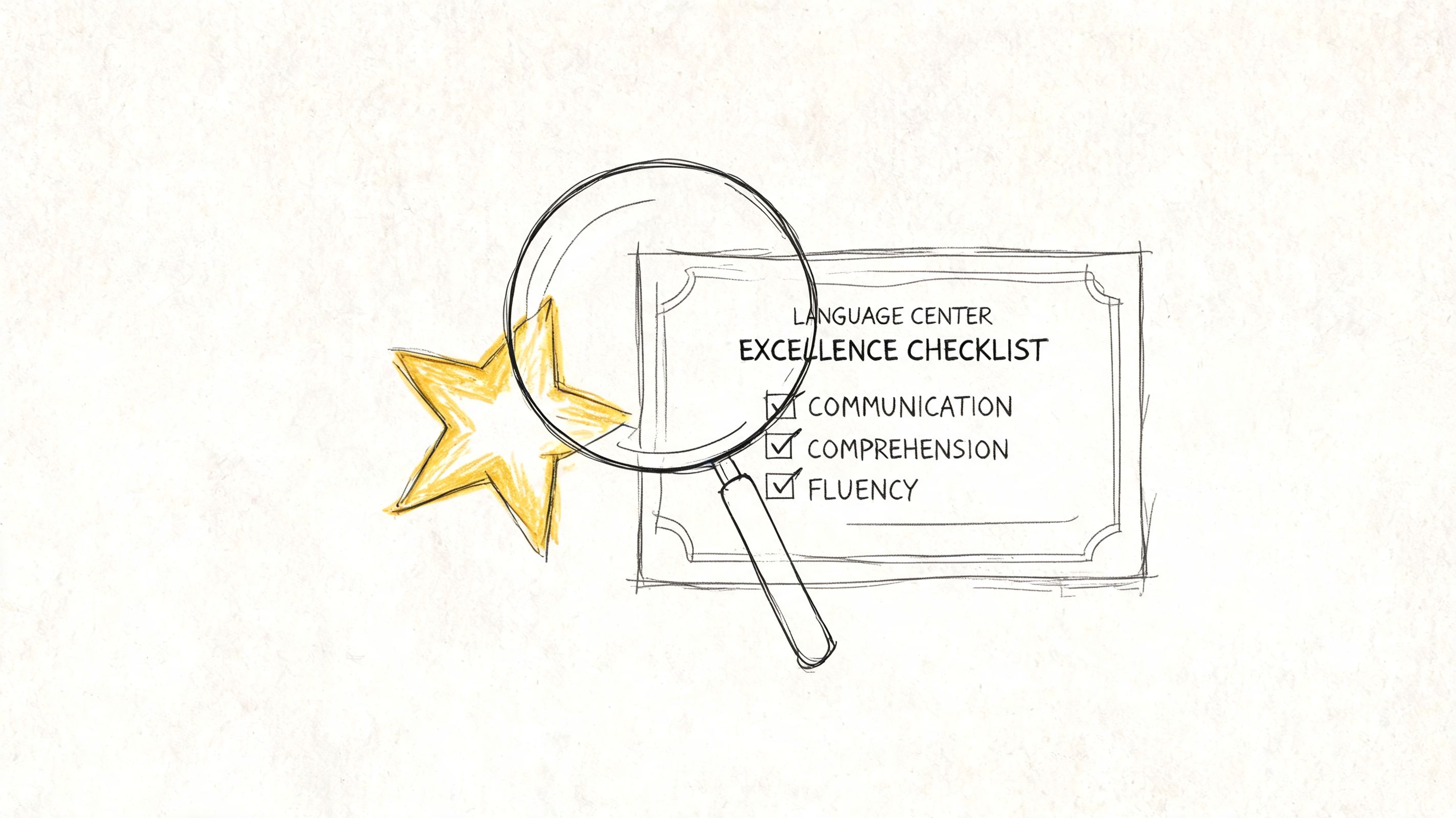 A hand-drawn illustration showing a magnifying glass over a language center excellence checklist with checked boxes.