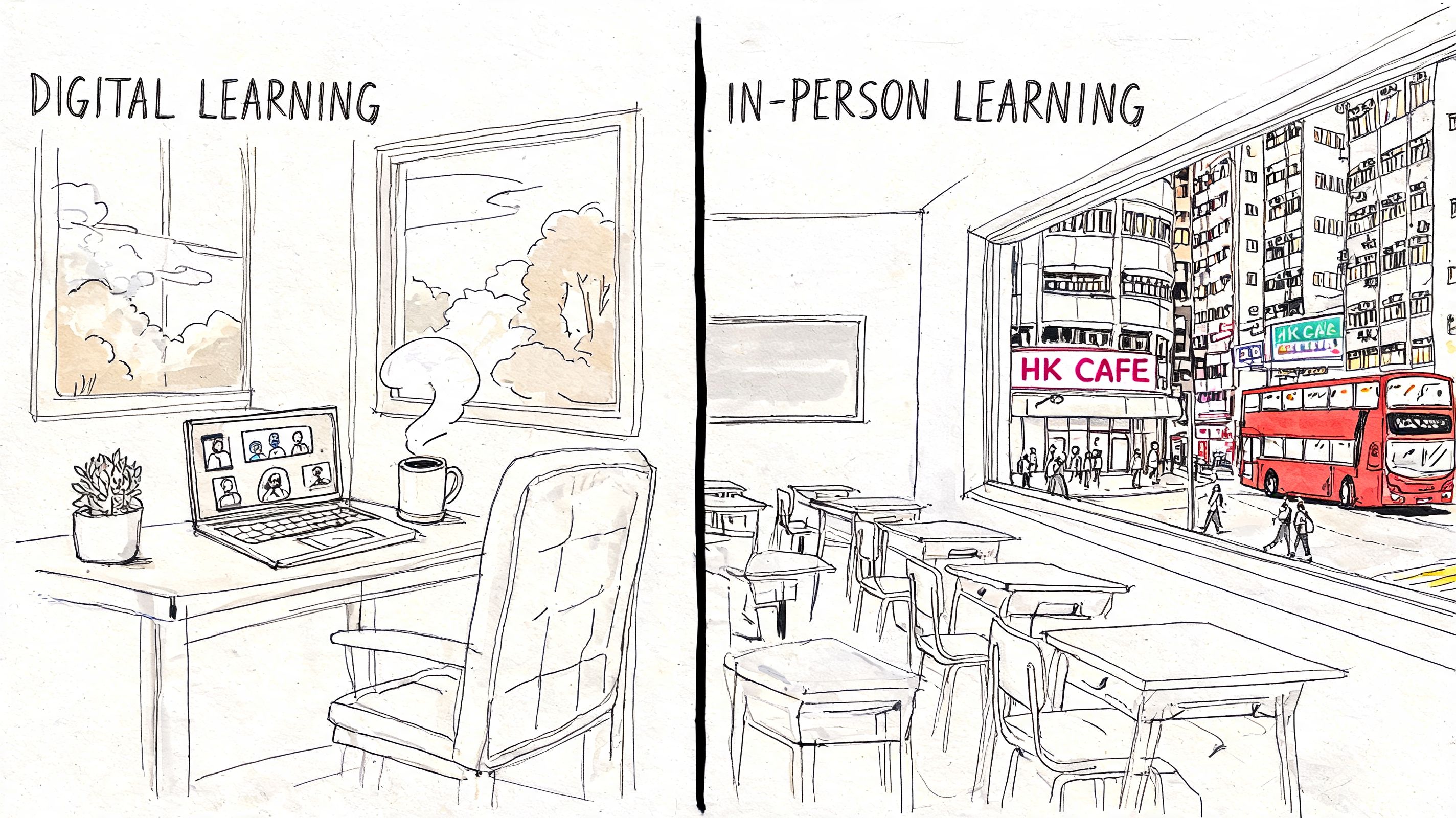 A hand-drawn illustration contrasting digital remote learning with in-person classroom study in Hong Kong.