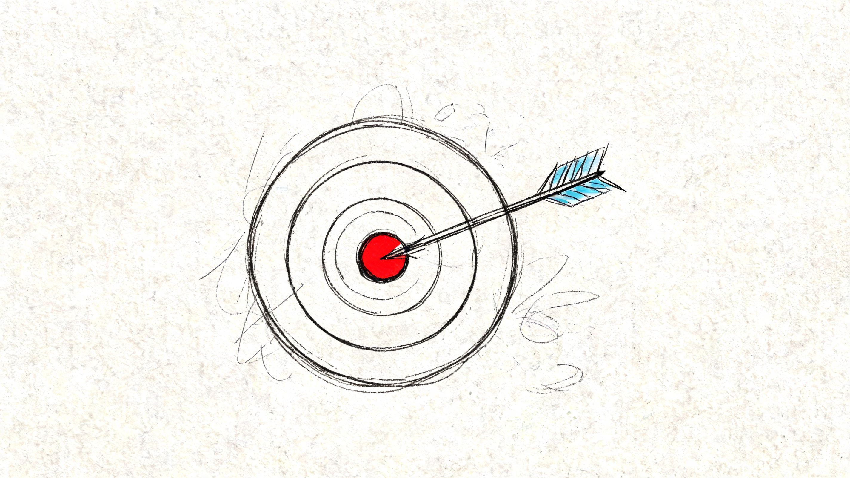 A hand-drawn sketch of a red bullseye target with an arrow hitting the center.