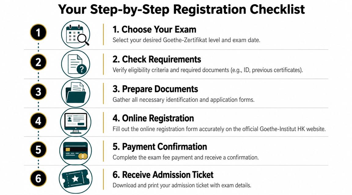 A six-step checklist for registering for the Goethe-Zertifikat exam, outlining the process from selection to admission.