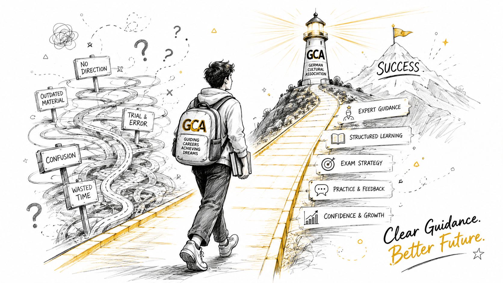 A student walking toward a lighthouse labeled GCA, symbolizing success through structured learning and expert guidance.