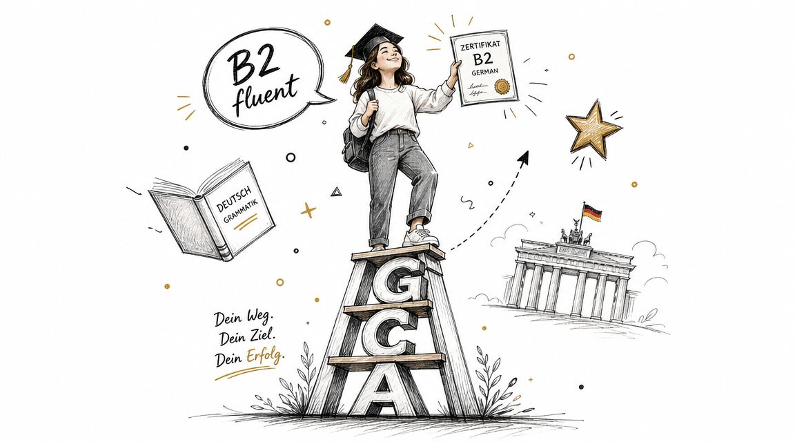 A student standing on a ladder showing a B2 German certificate with the Brandenburg Gate in background.