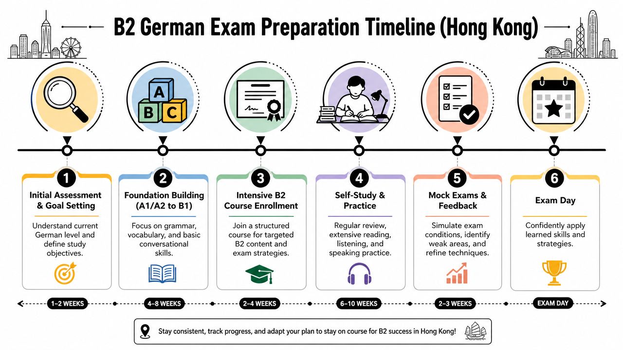 A structured 6-step timeline for preparing for the B2 German language exam in Hong Kong.