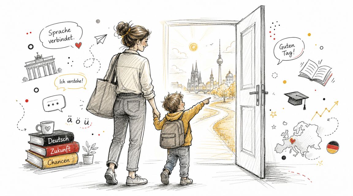 A woman and child hold hands, walking towards an open door revealing an illustrated German cityscape.