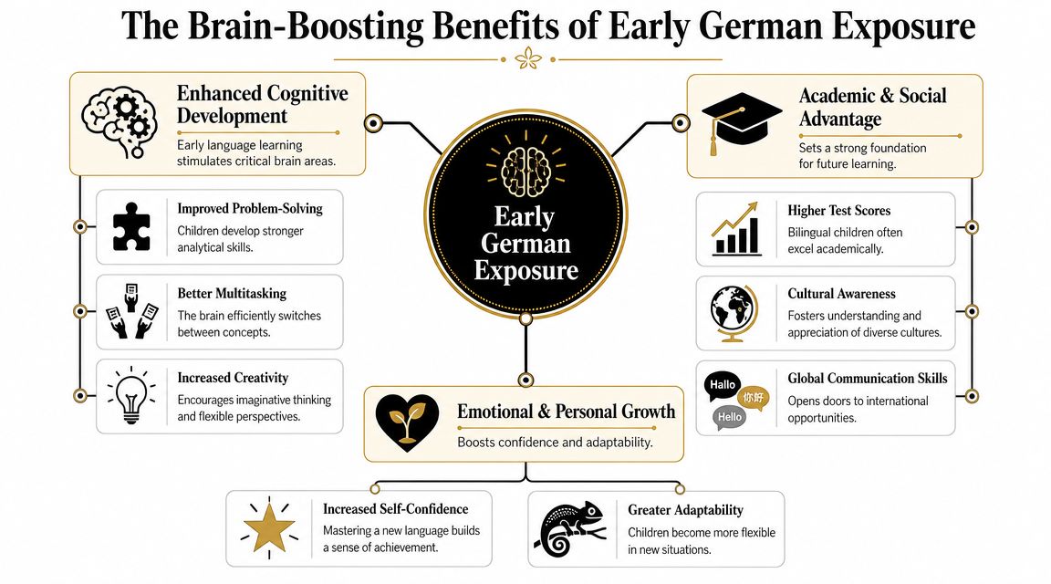 An infographic titled The Brain-Boosting Benefits of Early German Exposure outlining cognitive, social, and personal development advantages.
