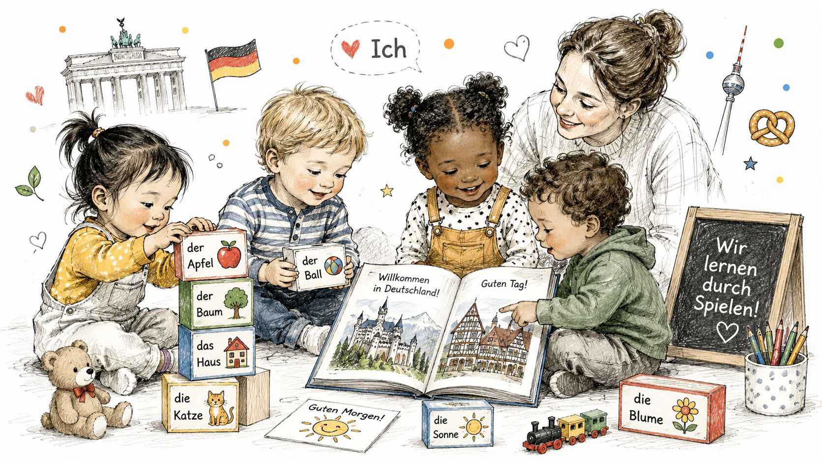 A diverse group of toddlers learning German language with an adult teacher using colorful educational blocks and books.