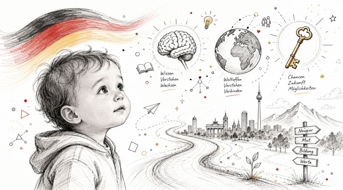 A pencil sketch of a curious toddler looking towards symbols representing education, global connection, and a German future.