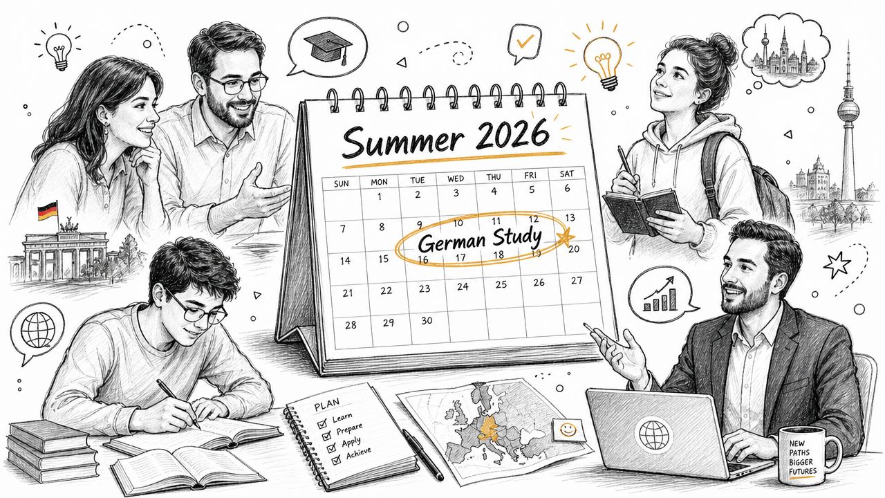 A sketched illustration showing students and a professional planning a German study trip for summer 2026.