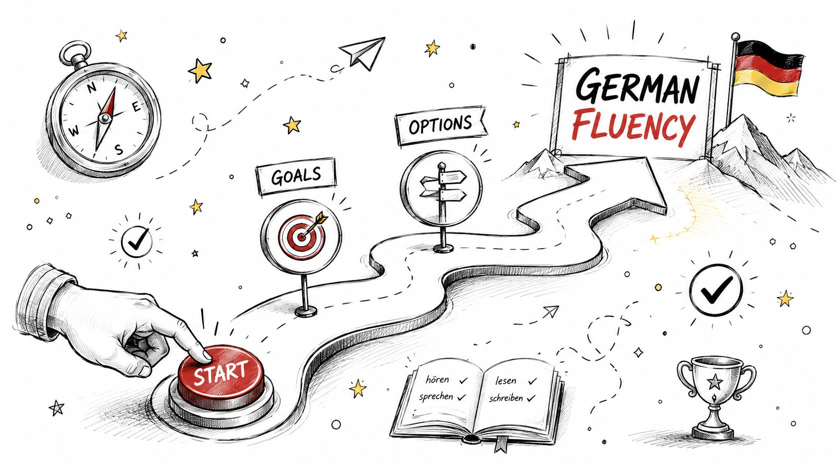 A hand pressing a start button on a hand-drawn path leading up a mountain to German fluency.