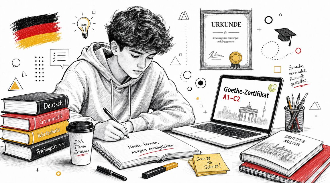 A student focused on German language studies at a desk with books, a laptop, and notes.