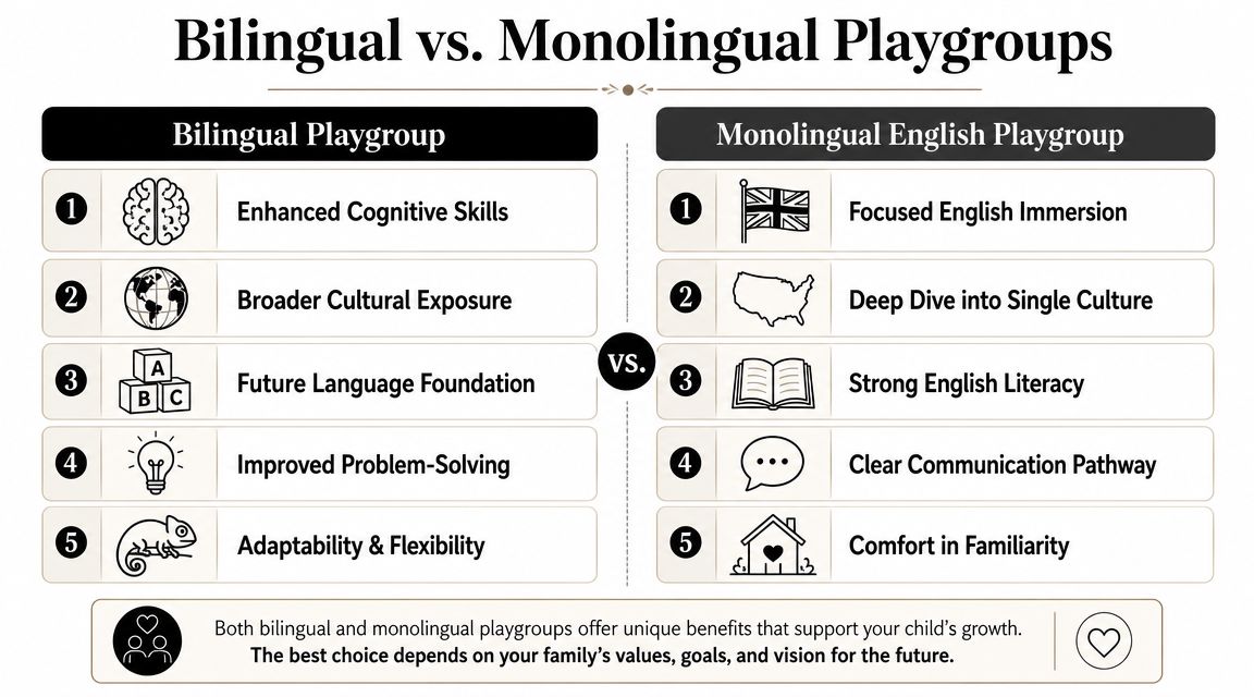 A comparison chart outlining the developmental benefits of bilingual playgroups versus monolingual English playgroups for young children.