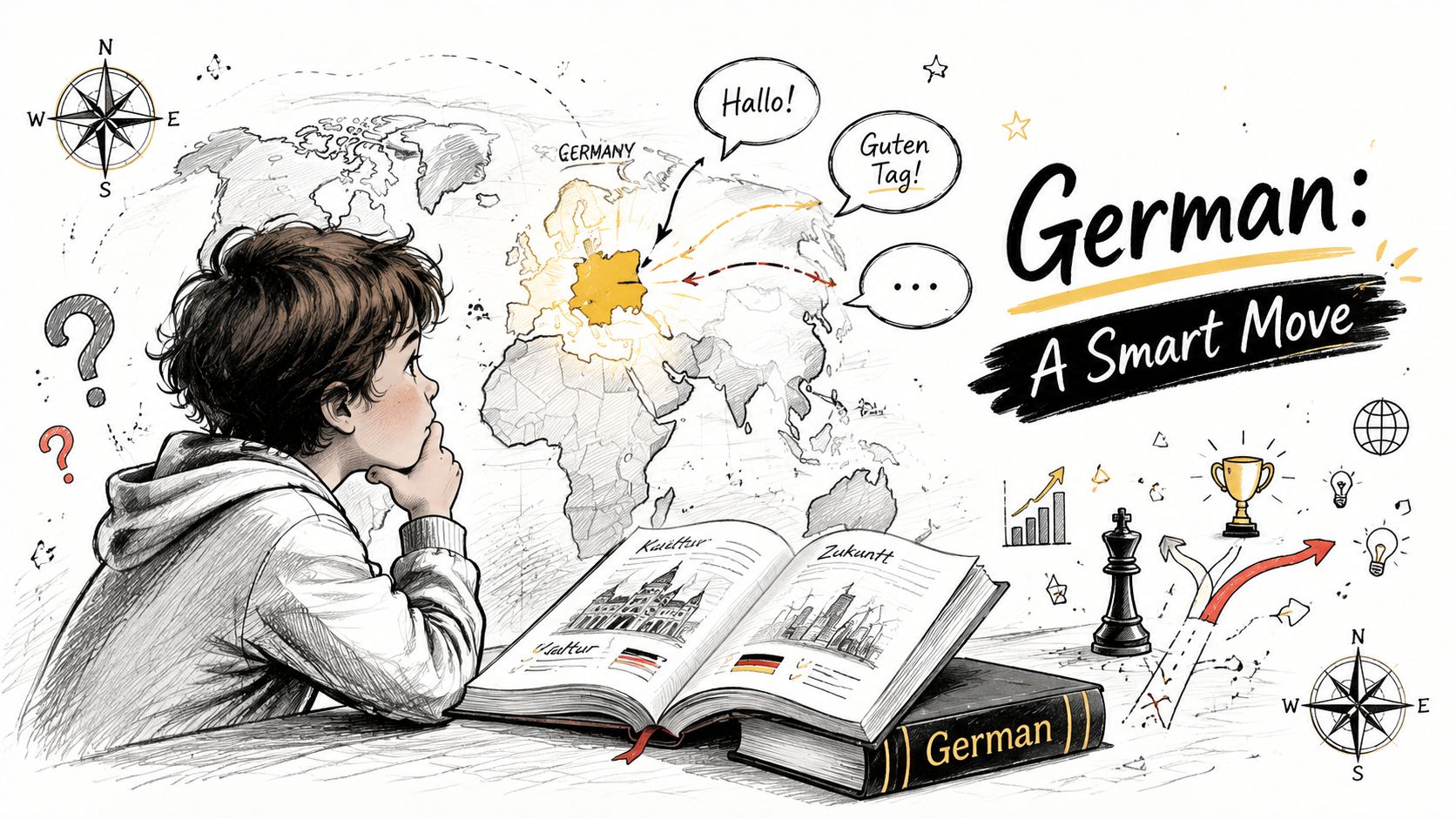 A young boy looking at a map of Germany while studying a book about German language and culture.