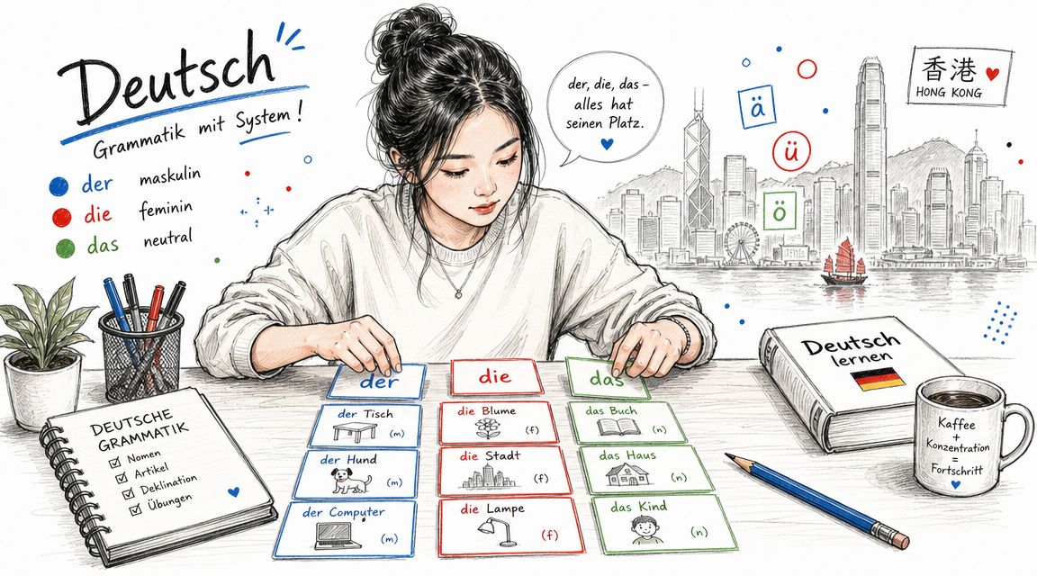 A young woman studies German grammar cards for masculine, feminine, and neutral genders at a desk.